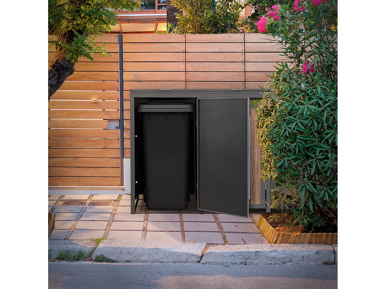 ML-Design Copribidone per spazzatura 3 bidoni 240L acciaio antracite rovere scuro, porta e tetto a ribalta, pattumiera esterno resistente intemperie