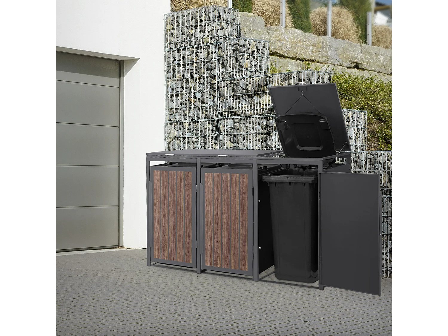 ML-Design Copribidone per spazzatura 3 bidoni 240L acciaio antracite rovere scuro, porta e tetto a ribalta, pattumiera esterno resistente intemperie