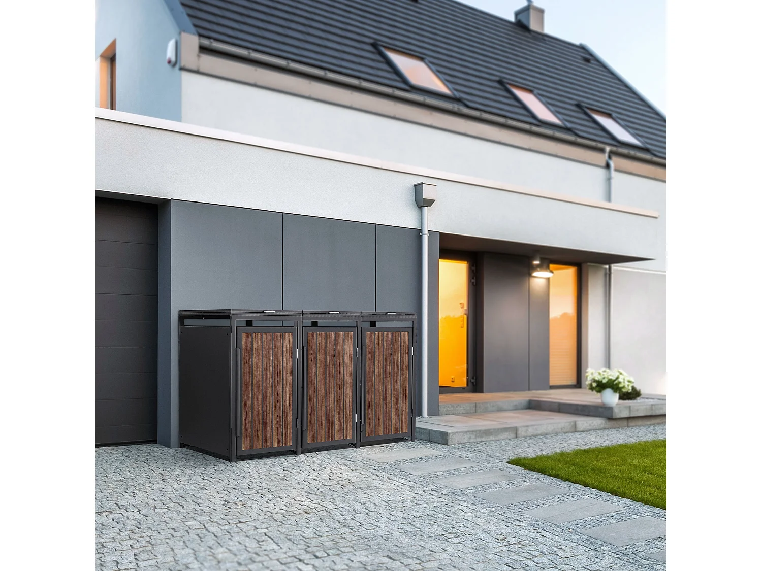 ML-Design Copribidone per spazzatura 3 bidoni 240L acciaio antracite rovere scuro, porta e tetto a ribalta, pattumiera esterno resistente intemperie