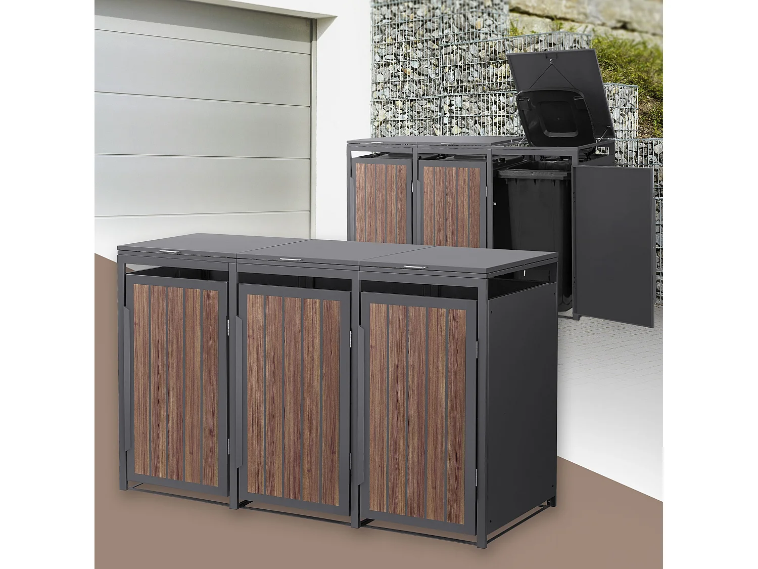 ML-Design Copribidone per spazzatura 3 bidoni 240L acciaio antracite rovere scuro, porta e tetto a ribalta, pattumiera esterno resistente intemperie