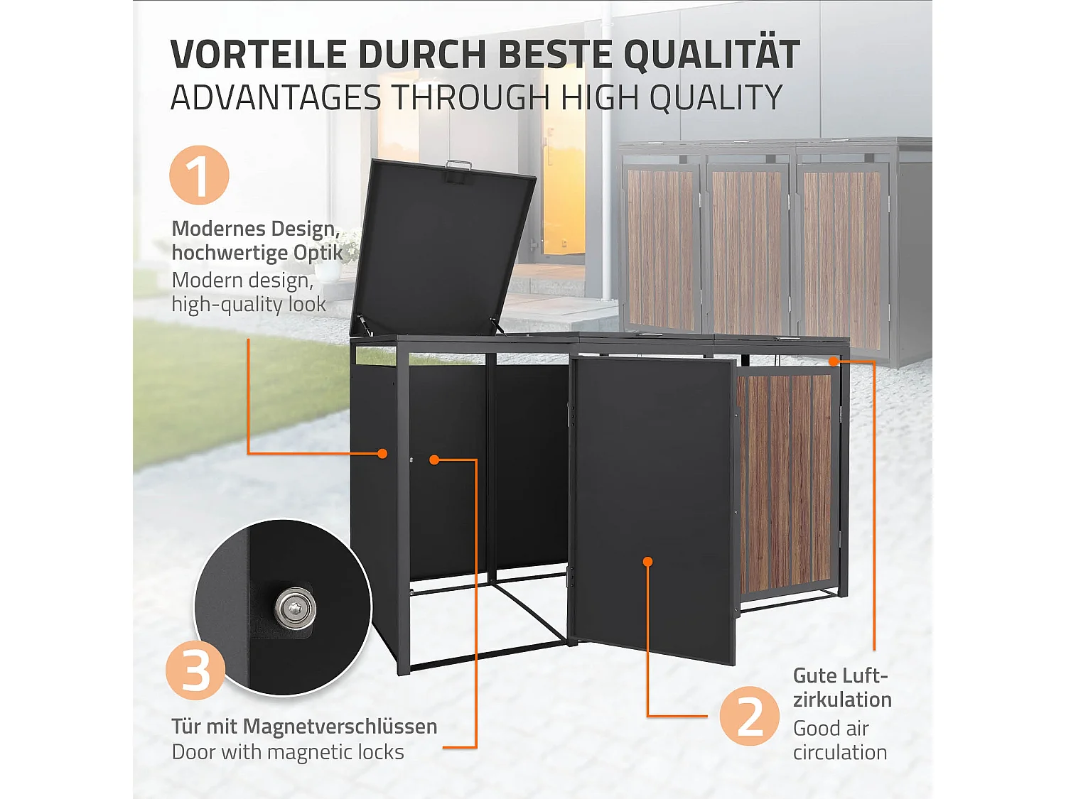 ML-Design Copribidone per spazzatura 3 bidoni 240L acciaio antracite rovere scuro, porta e tetto a ribalta, pattumiera esterno resistente intemperie