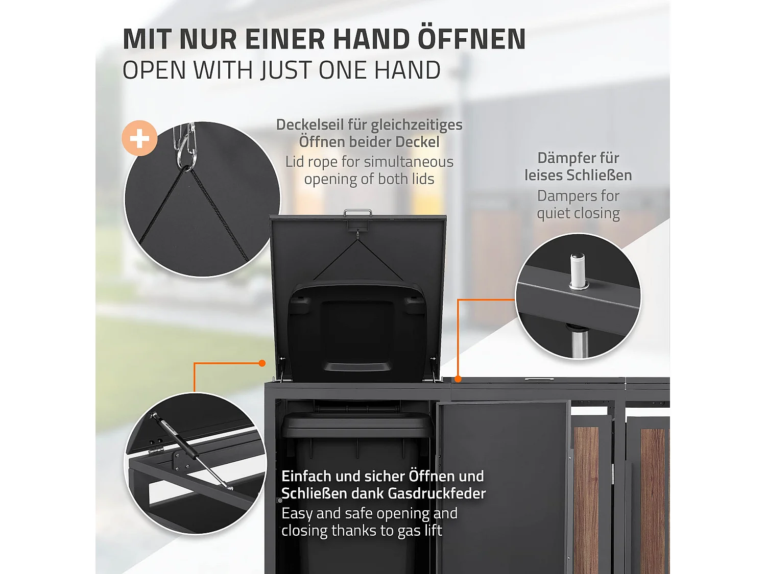 ML-Design Copribidone per spazzatura 3 bidoni 240L acciaio antracite rovere scuro, porta e tetto a ribalta, pattumiera esterno resistente intemperie