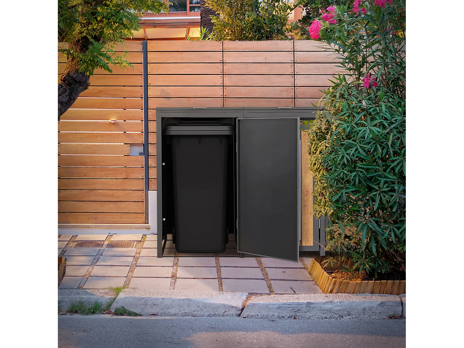 ML-Design Copribidone per spazzatura 4 bidoni 240L acciaio antracite rovere chiaro, porta e tetto a ribalta, pattumiera esterno resistente intemperie