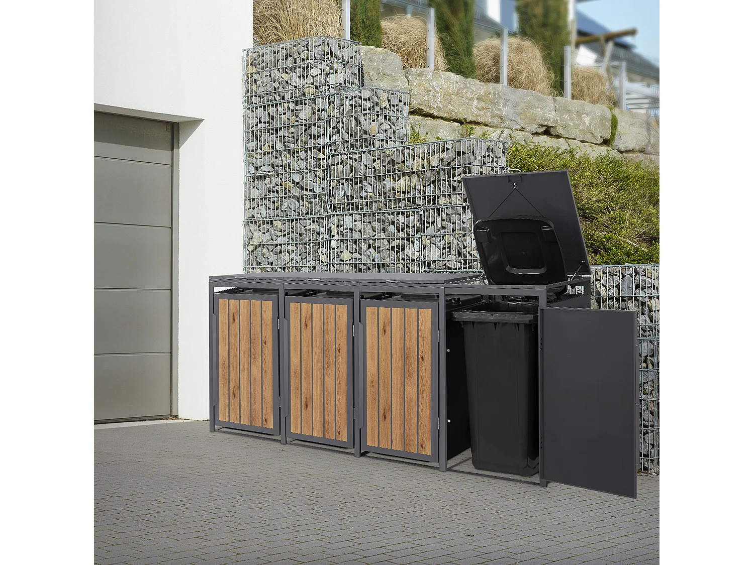 ML-Design Copribidone per spazzatura 4 bidoni 240L acciaio antracite rovere chiaro, porta e tetto a ribalta, pattumiera esterno resistente intemperie