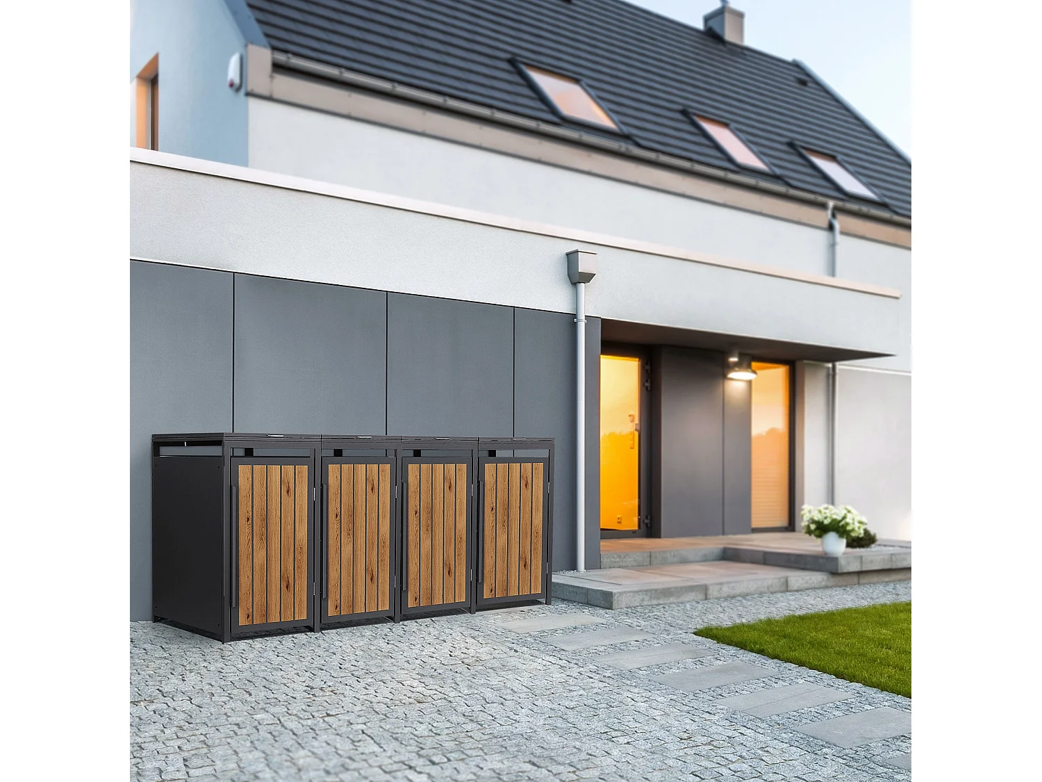 ML-Design Copribidone per spazzatura 4 bidoni 240L acciaio antracite rovere chiaro, porta e tetto a ribalta, pattumiera esterno resistente intemperie