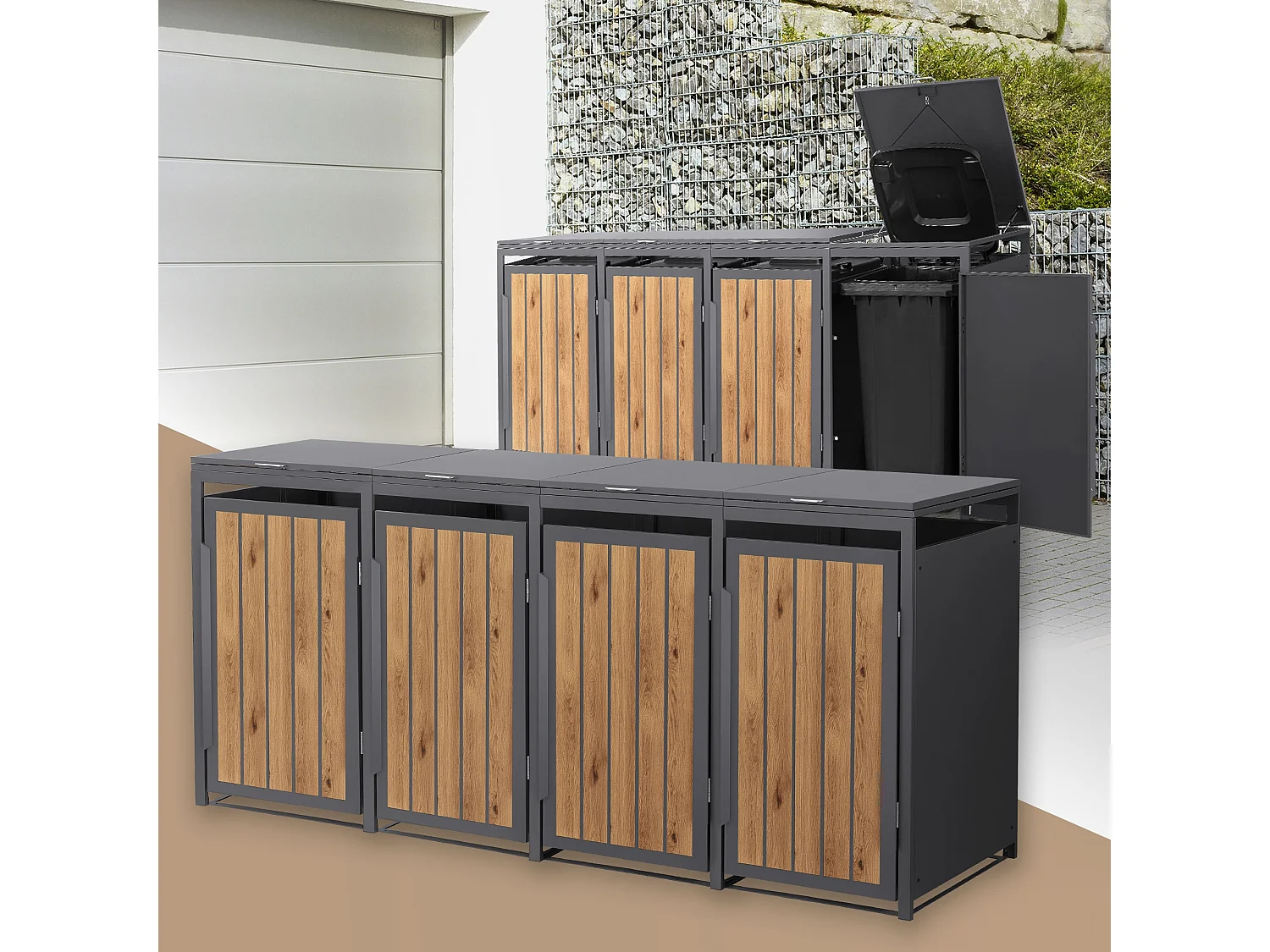ML-Design Copribidone per spazzatura 4 bidoni 240L acciaio antracite rovere chiaro, porta e tetto a ribalta, pattumiera esterno resistente intemperie