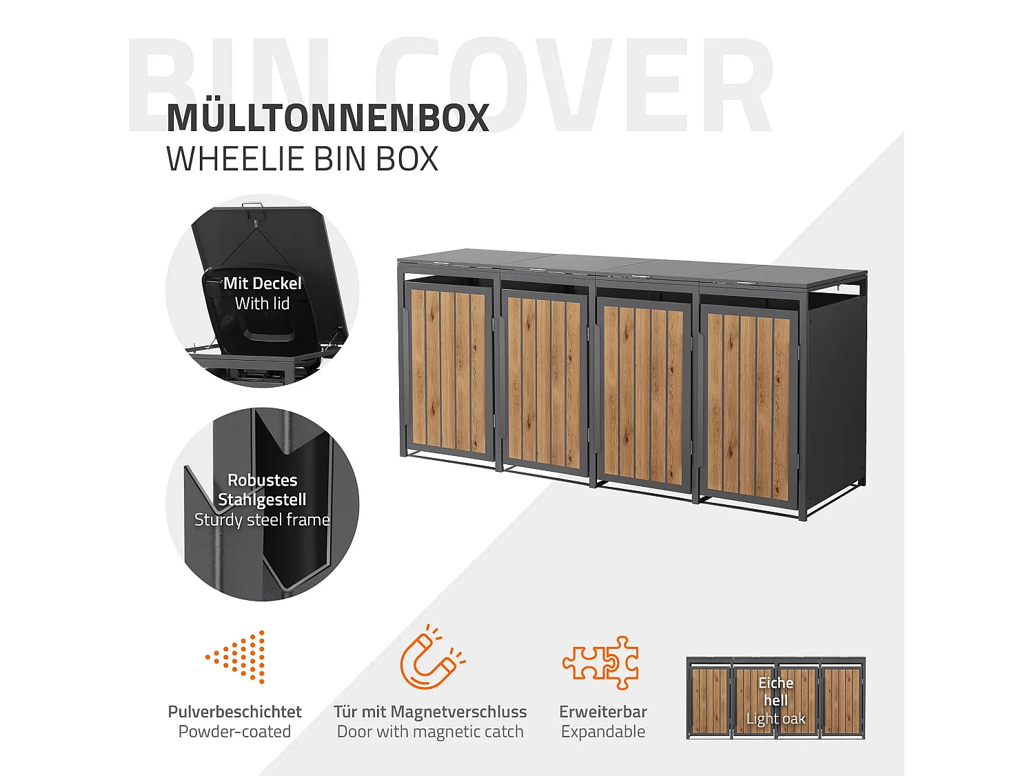 ML-Design Copribidone per spazzatura 4 bidoni 240L acciaio antracite rovere chiaro, porta e tetto a ribalta, pattumiera esterno resistente intemperie