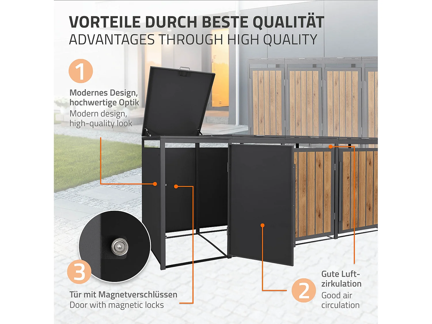 ML-Design Copribidone per spazzatura 4 bidoni 240L acciaio antracite rovere chiaro, porta e tetto a ribalta, pattumiera esterno resistente intemperie