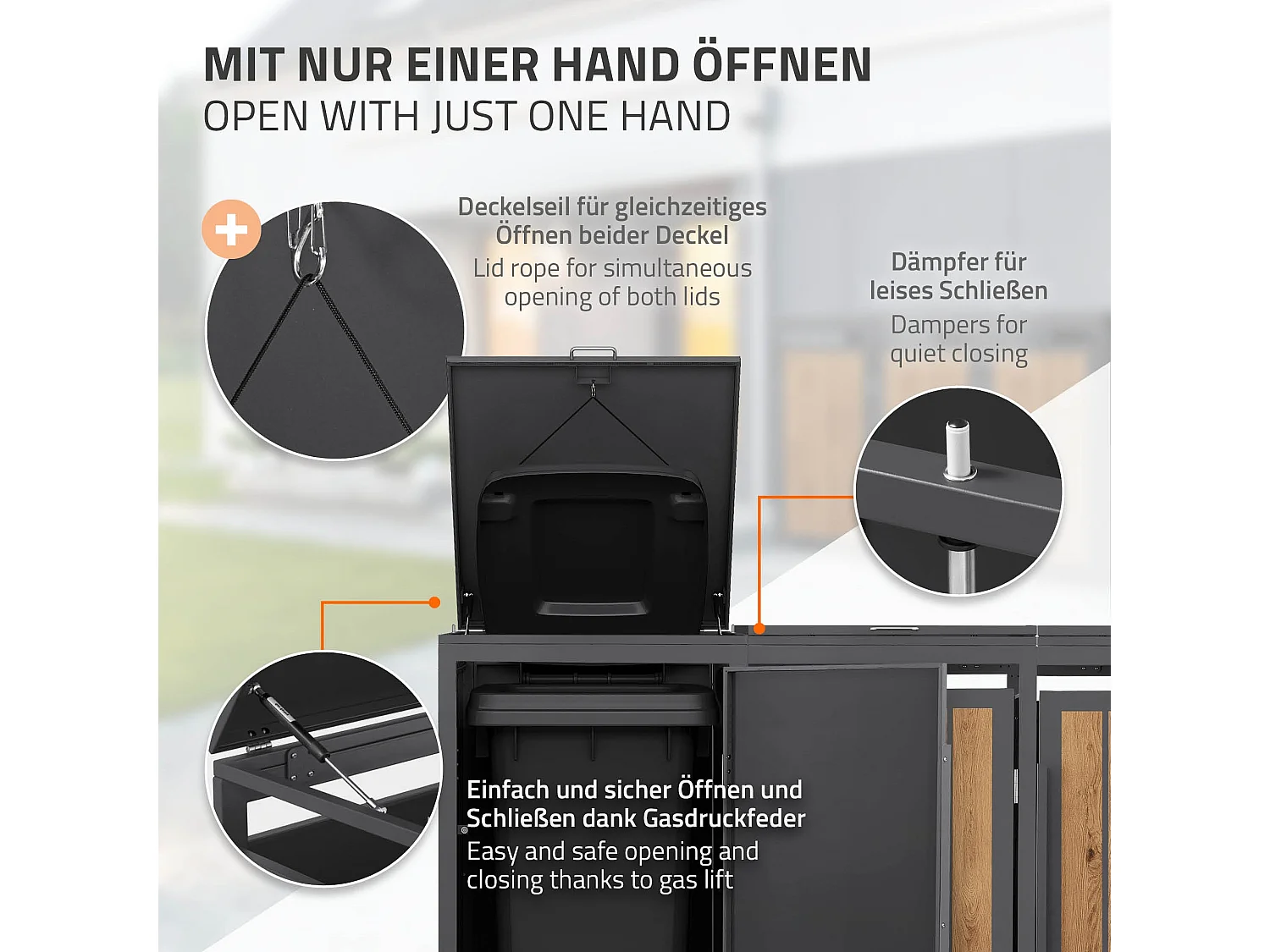 ML-Design Copribidone per spazzatura 4 bidoni 240L acciaio antracite rovere chiaro, porta e tetto a ribalta, pattumiera esterno resistente intemperie