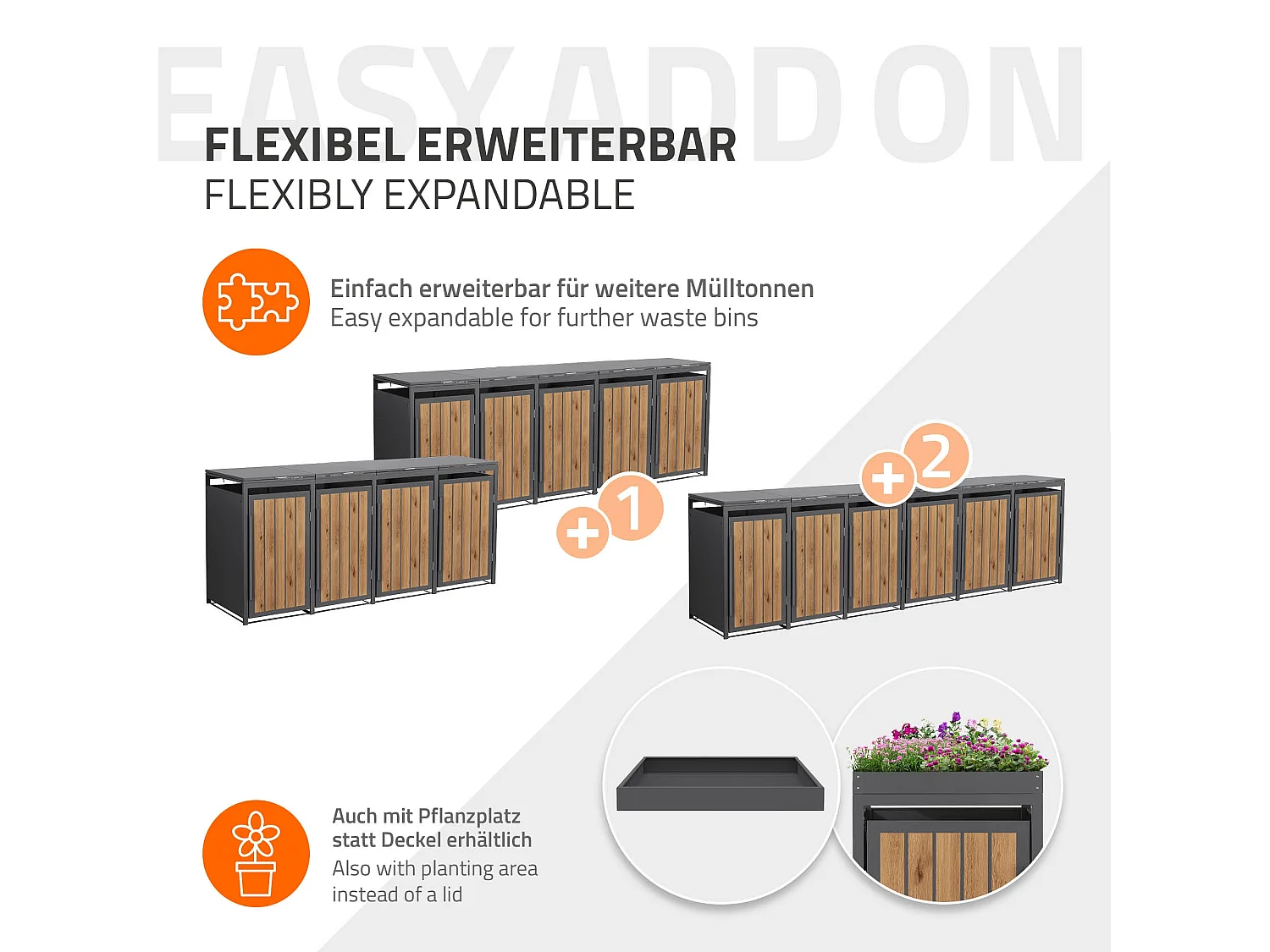 ML-Design Copribidone per spazzatura 4 bidoni 240L acciaio antracite rovere chiaro, porta e tetto a ribalta, pattumiera esterno resistente intemperie