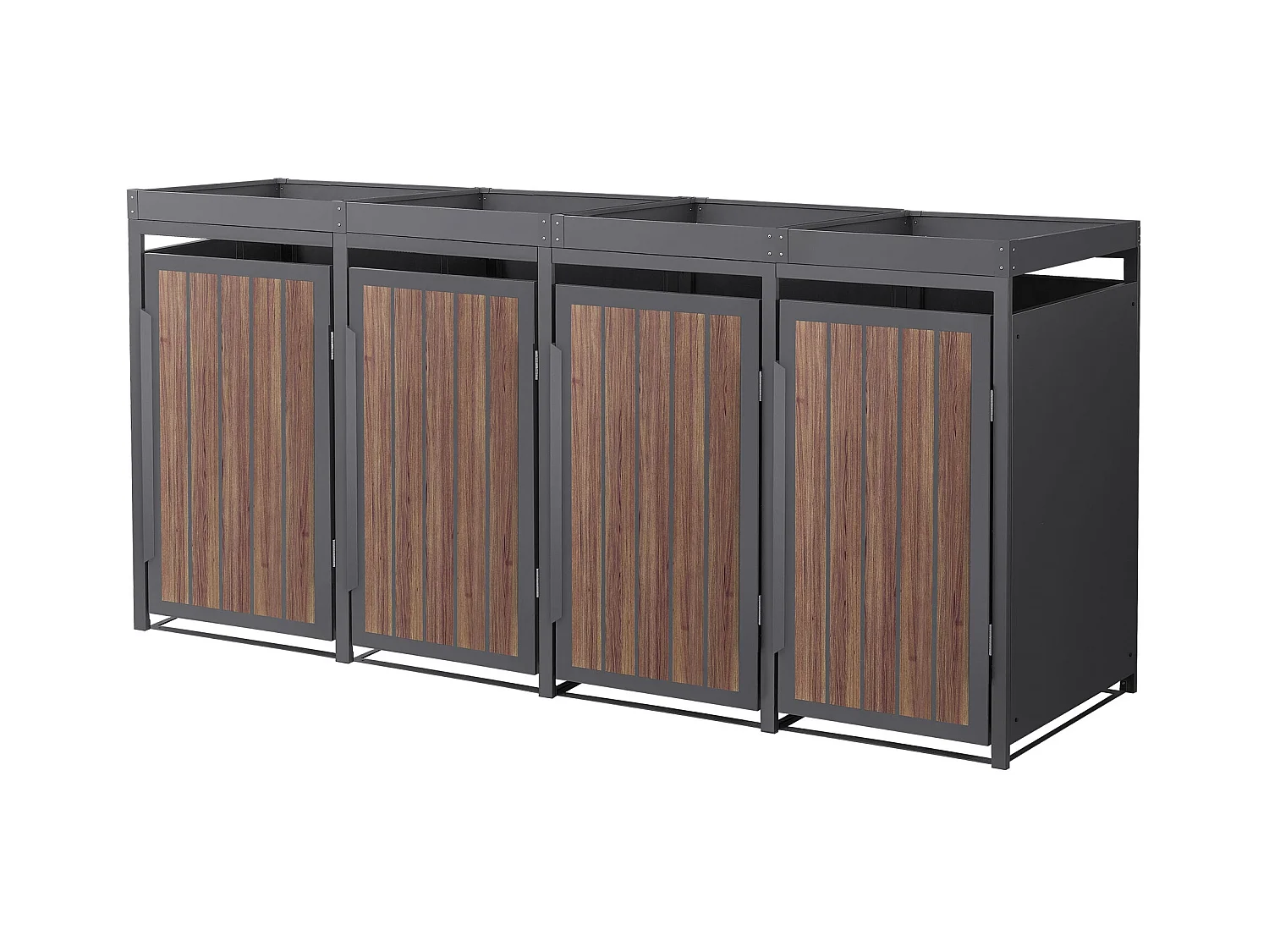 Abri pour 4 poubelles 260x80x124cm capacité 240L en acier aspect bois foncé toit pour plantes et fleurs protection visuelle résistant aux intempéries
