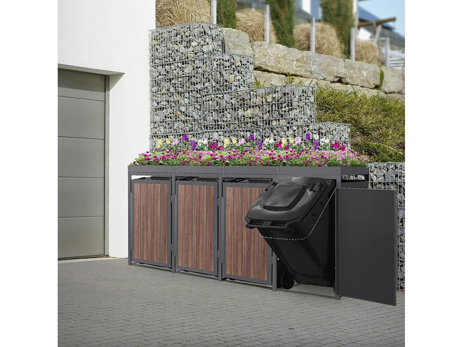 ML-Design Copribidone per spazzatura 4 bidoni 240L acciaio antracite rovere scuro, porta e tetto a fioriera, pattumiera esterno resistente intemperie