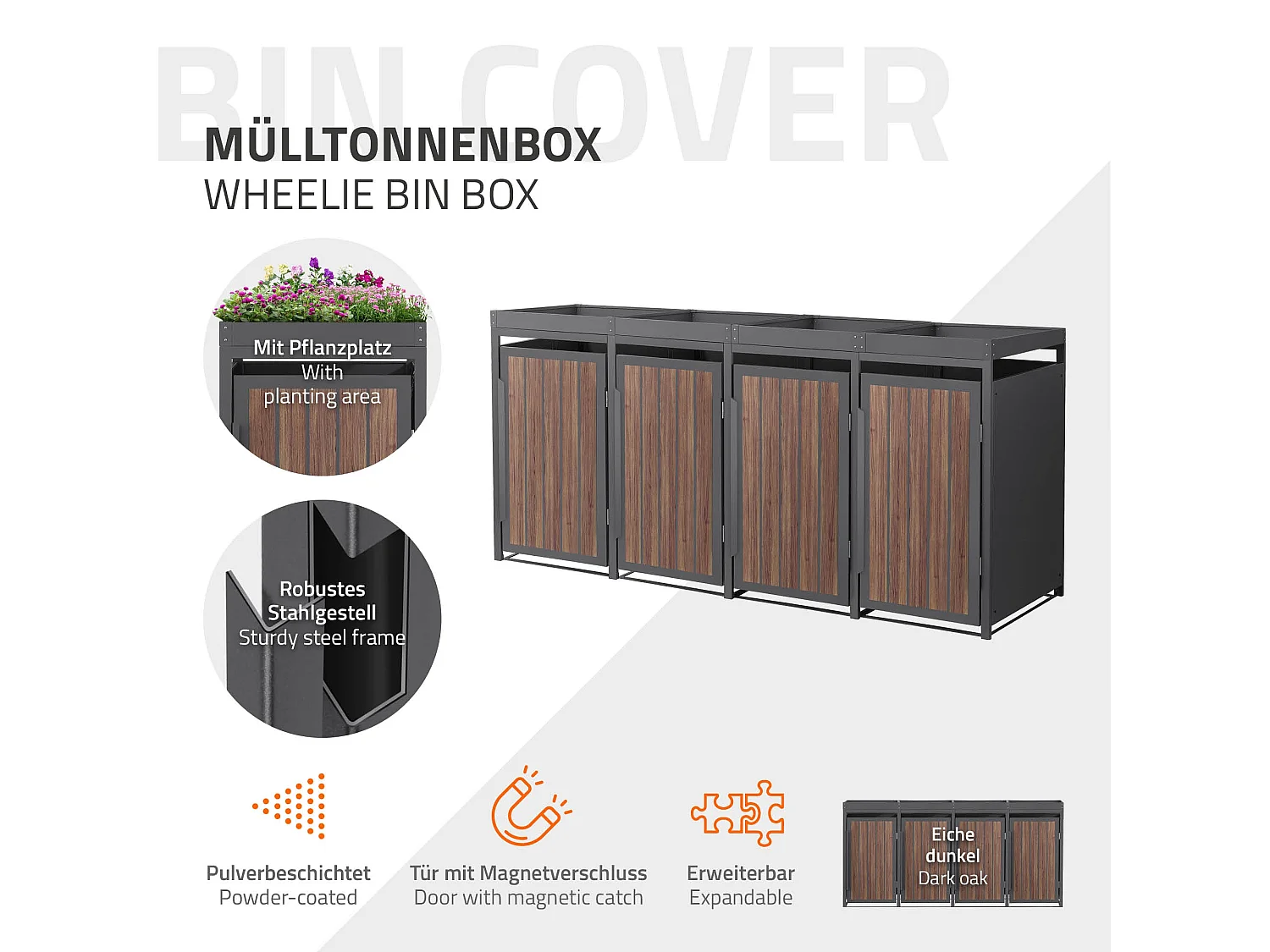 ML-Design Copribidone per spazzatura 4 bidoni 240L acciaio antracite rovere scuro, porta e tetto a fioriera, pattumiera esterno resistente intemperie