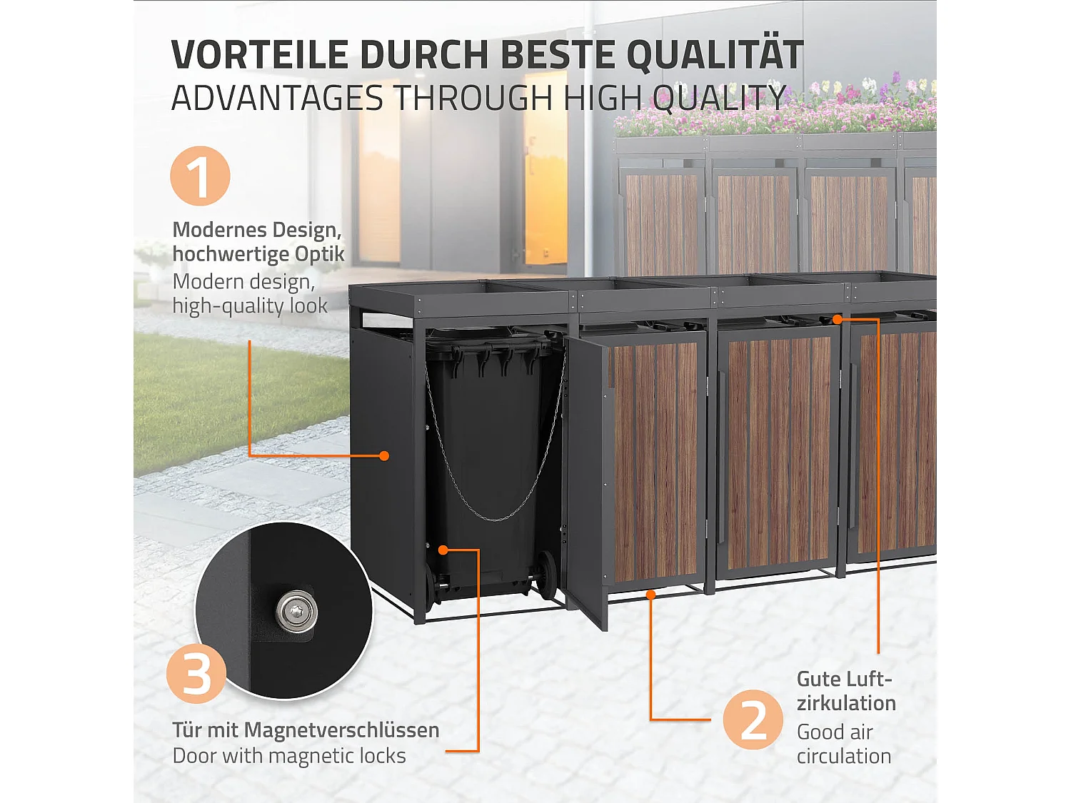 ML-Design Copribidone per spazzatura 4 bidoni 240L acciaio antracite rovere scuro, porta e tetto a fioriera, pattumiera esterno resistente intemperie