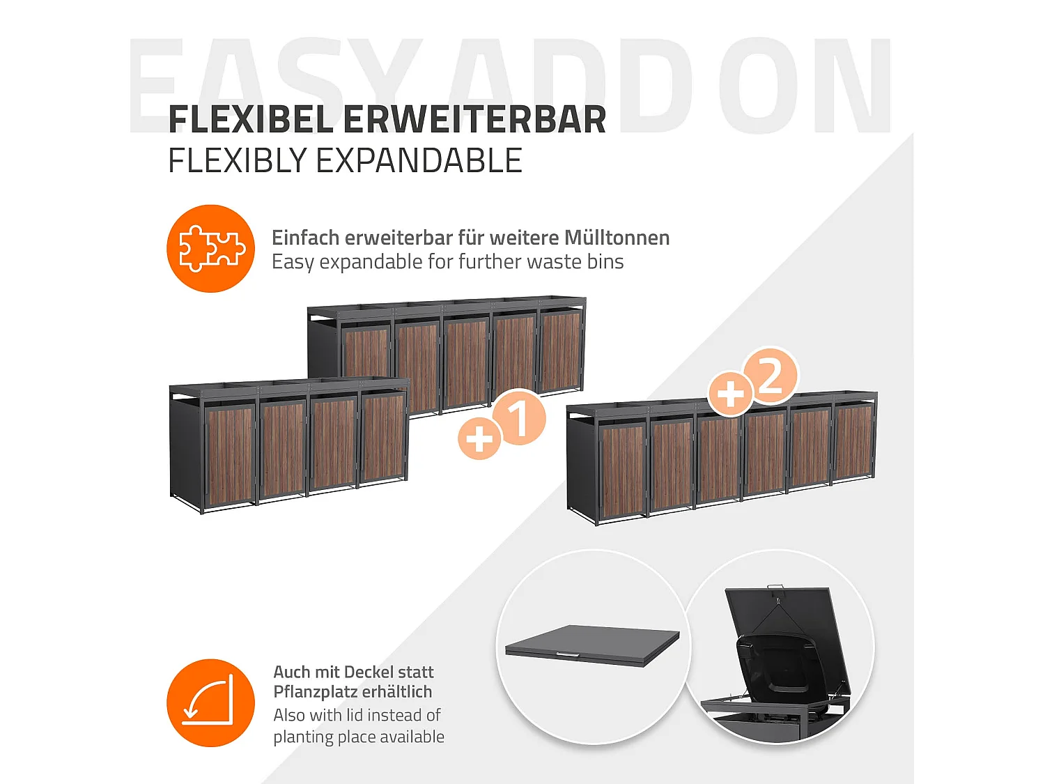 ML-Design Copribidone per spazzatura 4 bidoni 240L acciaio antracite rovere scuro, porta e tetto a fioriera, pattumiera esterno resistente intemperie