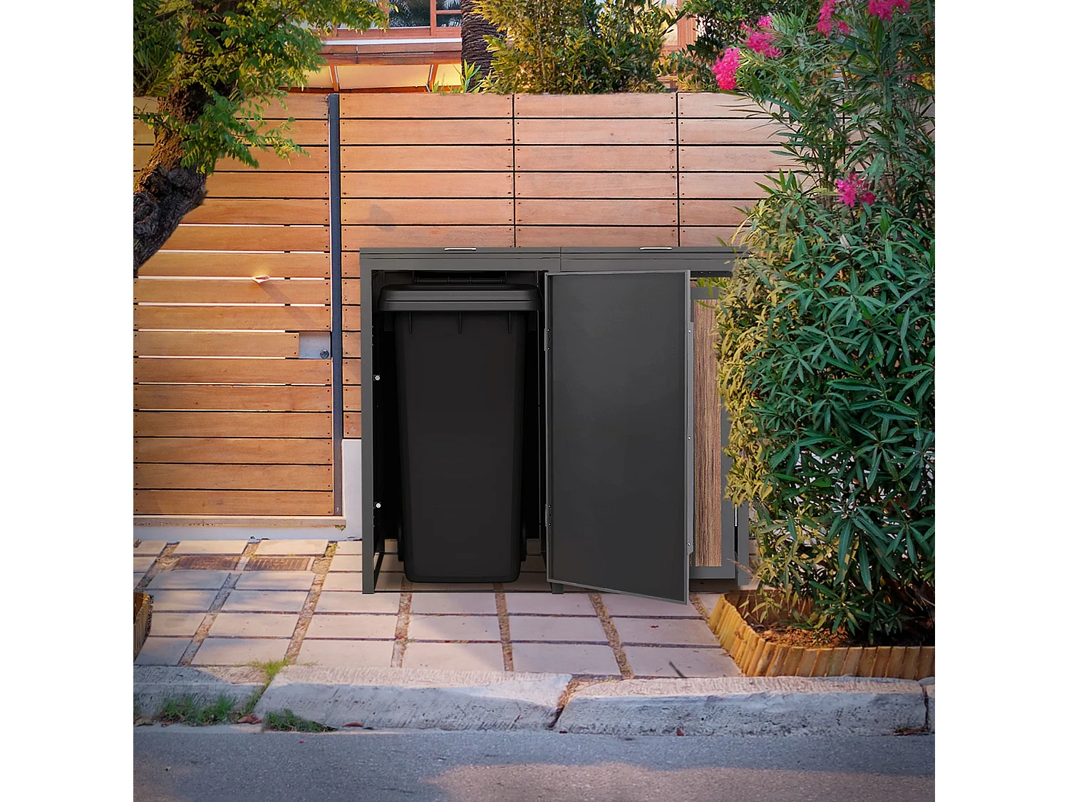 ML-Design Copribidone per spazzatura 2 bidoni 240L acciaio antracite rovere scuro, porta e tetto a ribalta, pattumiera esterno resistente intemperie