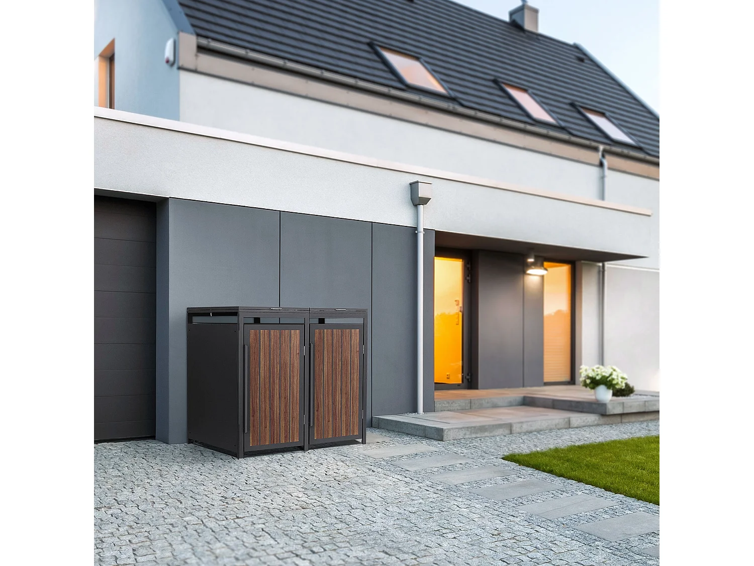 ML-Design Copribidone per spazzatura 2 bidoni 240L acciaio antracite rovere scuro, porta e tetto a ribalta, pattumiera esterno resistente intemperie