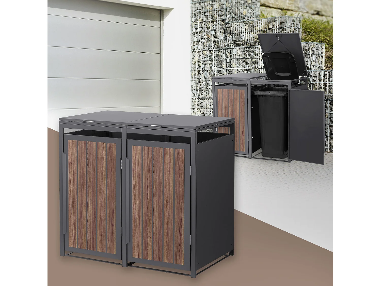 ML-Design Copribidone per spazzatura 2 bidoni 240L acciaio antracite rovere scuro, porta e tetto a ribalta, pattumiera esterno resistente intemperie
