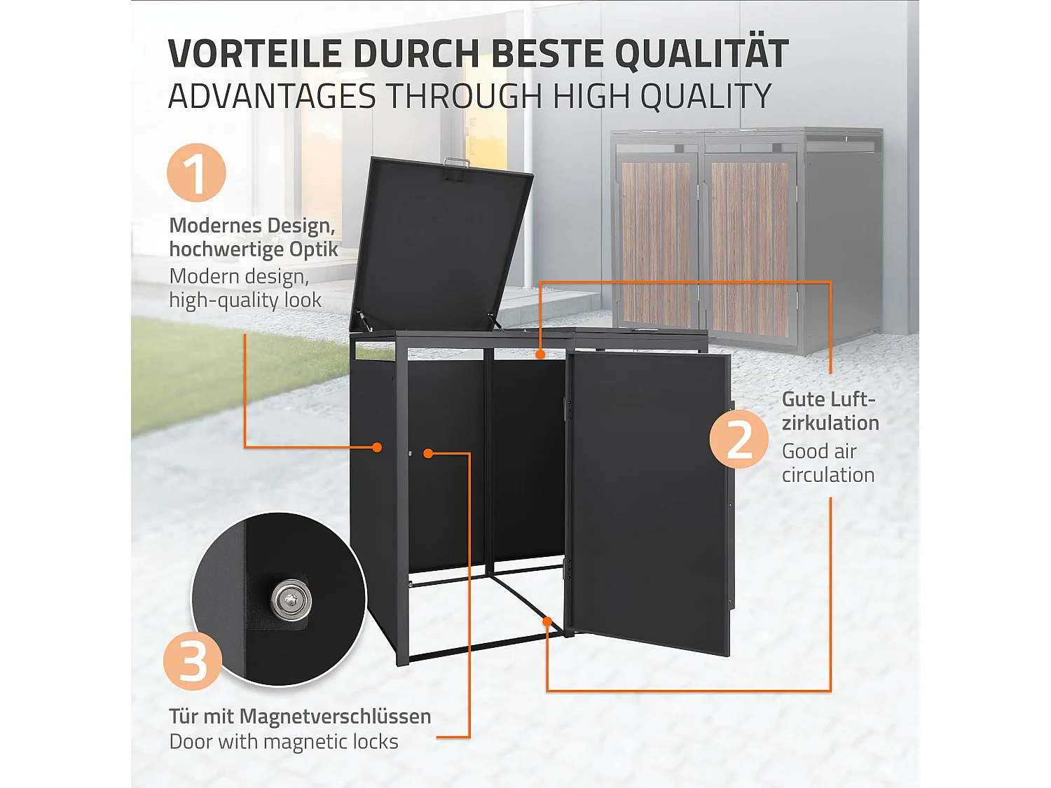 ML-Design Copribidone per spazzatura 2 bidoni 240L acciaio antracite rovere scuro, porta e tetto a ribalta, pattumiera esterno resistente intemperie