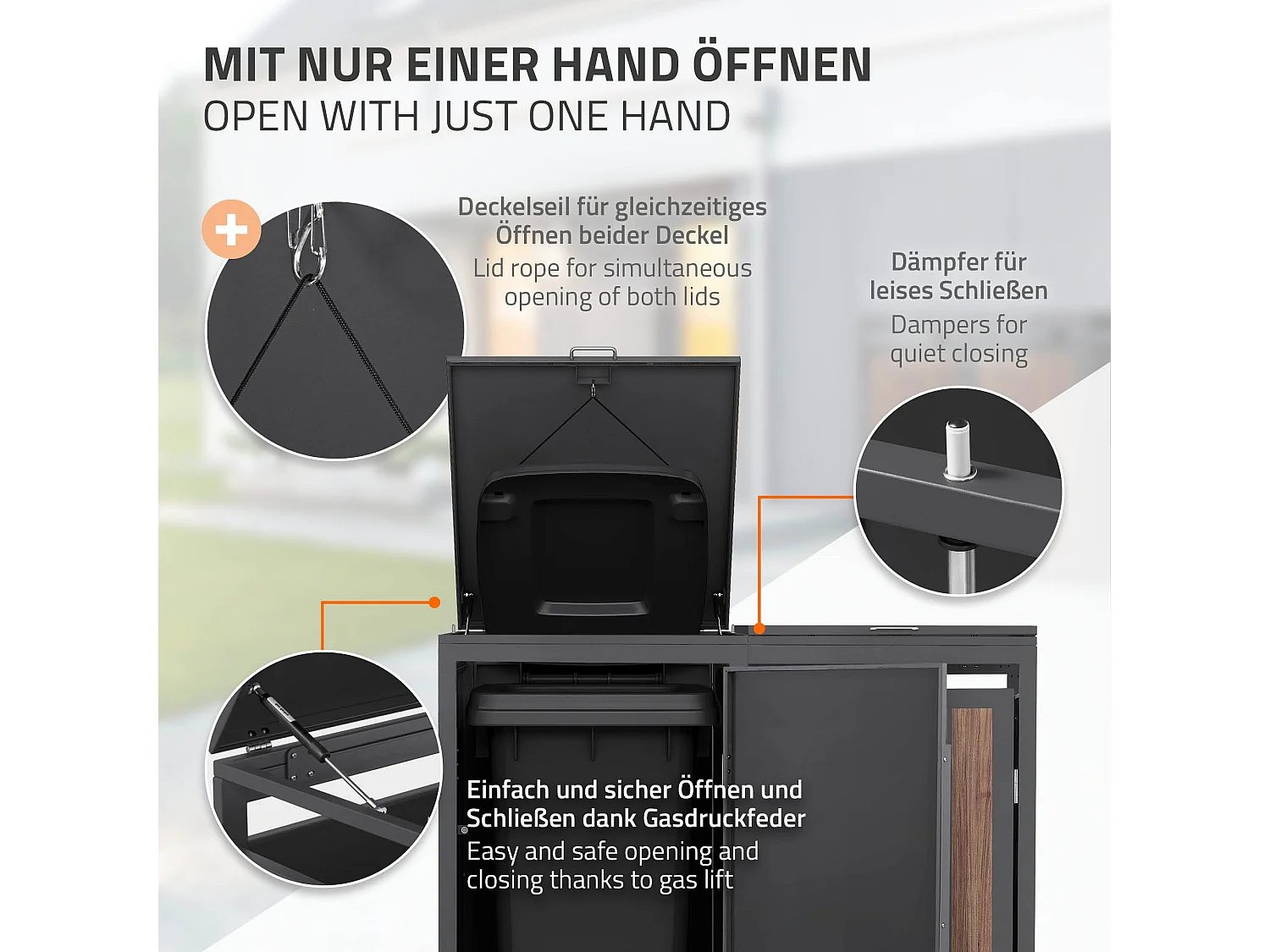 ML-Design Copribidone per spazzatura 2 bidoni 240L acciaio antracite rovere scuro, porta e tetto a ribalta, pattumiera esterno resistente intemperie