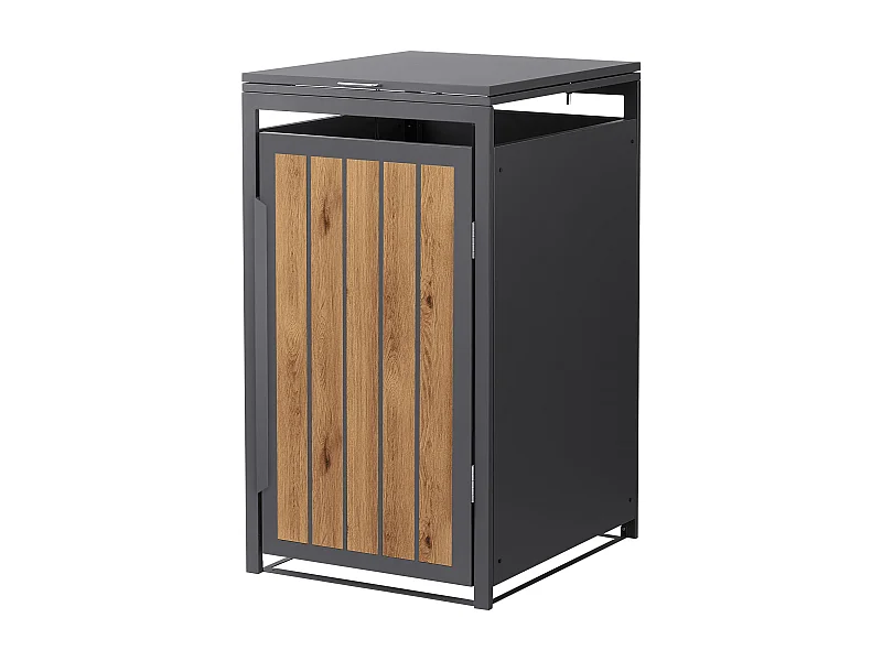Abri pour 1 poubelle 68x80x120cm 240L anthracite acier aspect bois clair couvercle rabattable et porte habillage conteneur résistant aux intempéries