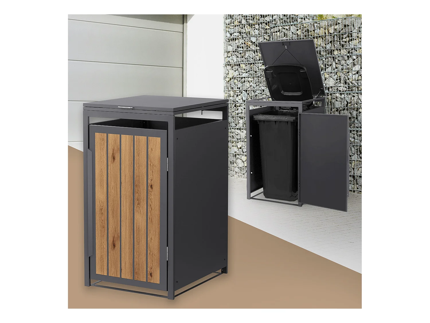 Abri pour 1 poubelle 68x80x120cm 240L anthracite acier aspect bois clair couvercle rabattable et porte habillage conteneur résistant aux intempéries