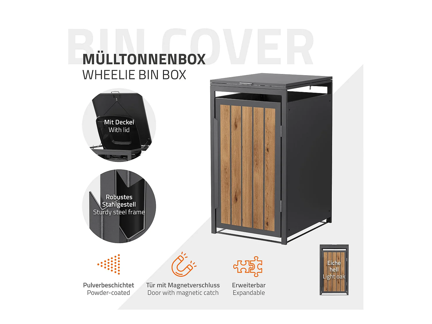 Abri pour 1 poubelle 68x80x120cm 240L anthracite acier aspect bois clair couvercle rabattable et porte habillage conteneur résistant aux intempéries