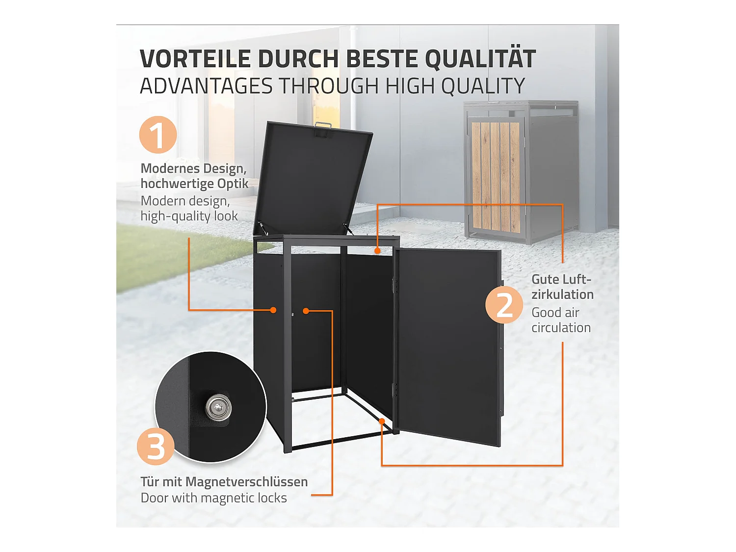 Abri pour 1 poubelle 68x80x120cm 240L anthracite acier aspect bois clair couvercle rabattable et porte habillage conteneur résistant aux intempéries