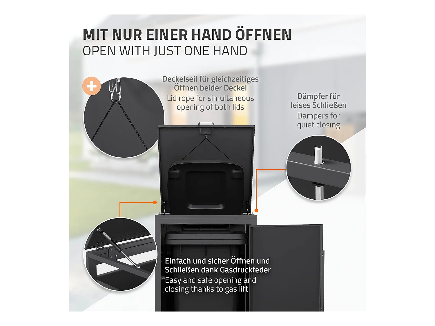 Abri pour 1 poubelle 68x80x120cm 240L anthracite acier aspect bois clair couvercle rabattable et porte habillage conteneur résistant aux intempéries