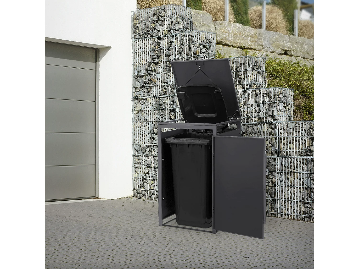 ML-Design Copribidone per spazzatura 1 bidone 240L acciaio antracite rovere chiaro, porta e tetto a ribalta, pattumiera esterno resistente intemperie