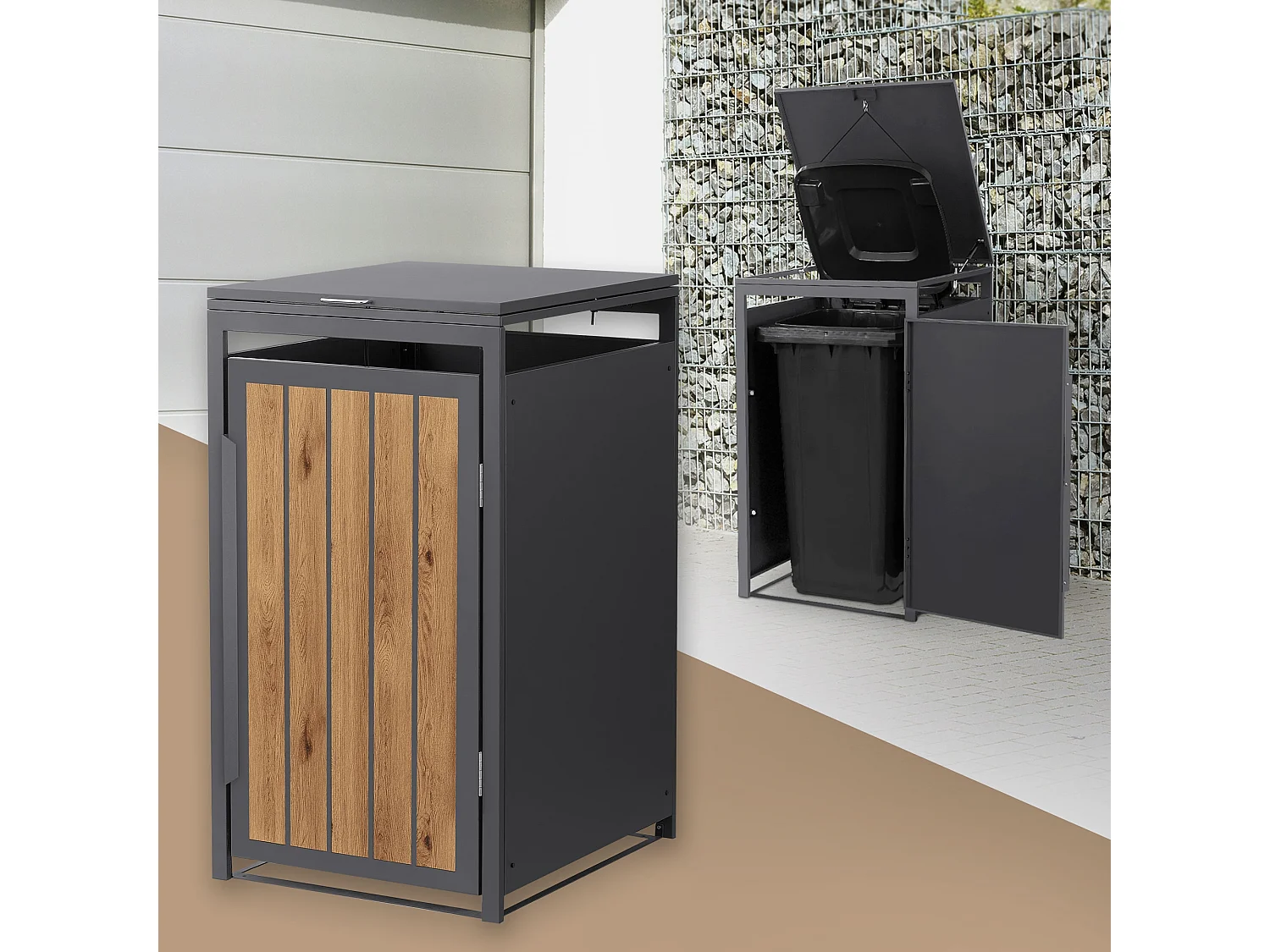 ML-Design Copribidone per spazzatura 1 bidone 240L acciaio antracite rovere chiaro, porta e tetto a ribalta, pattumiera esterno resistente intemperie