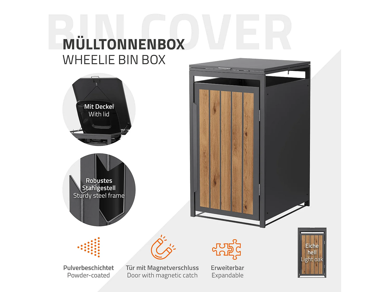 ML-Design Copribidone per spazzatura 1 bidone 240L acciaio antracite rovere chiaro, porta e tetto a ribalta, pattumiera esterno resistente intemperie