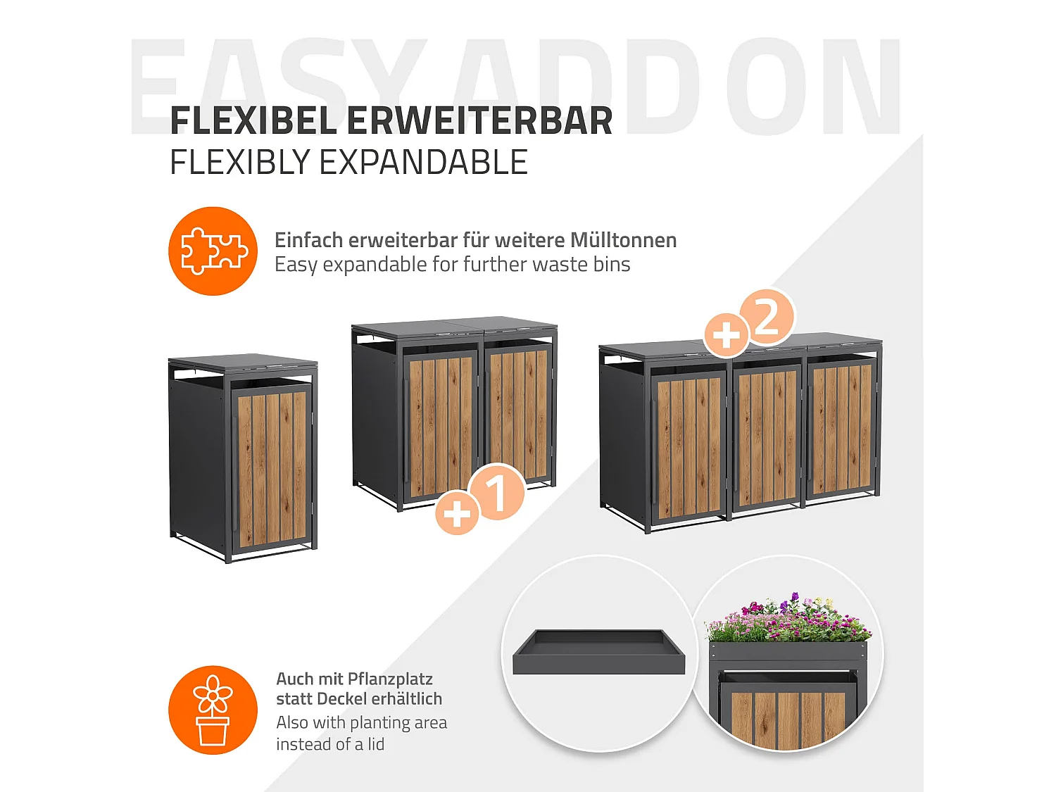 ML-Design Copribidone per spazzatura 1 bidone 240L acciaio antracite rovere chiaro, porta e tetto a ribalta, pattumiera esterno resistente intemperie