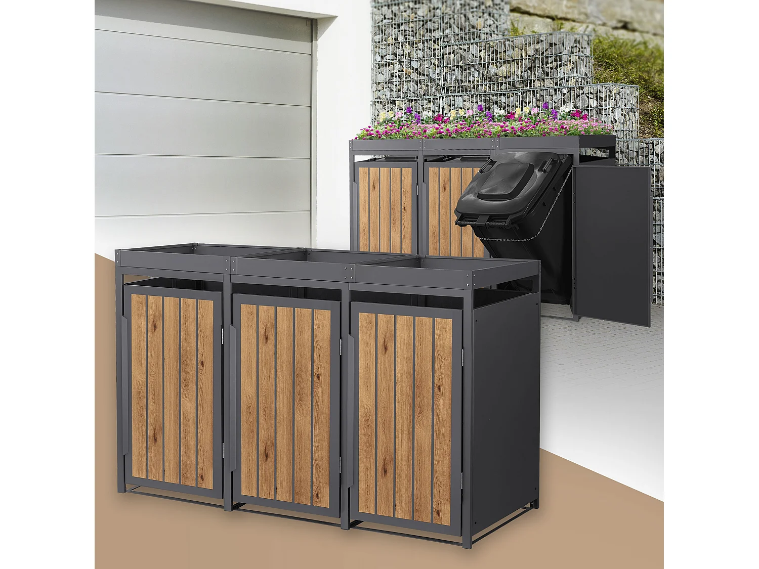 ML-Design Copribidone spazzatura 3 bidoni 240L in acciaio antracite effetto legno con porta e tetto a fioriera, pattumiera da esterno, deposito bidon