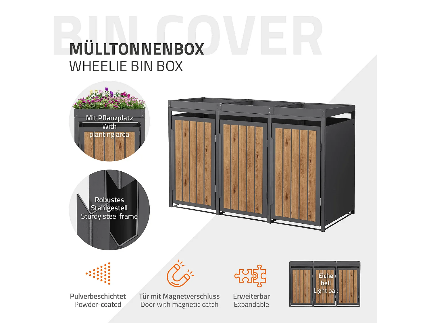 ML-Design Copribidone spazzatura 3 bidoni 240L in acciaio antracite effetto legno con porta e tetto a fioriera, pattumiera da esterno, deposito bidon