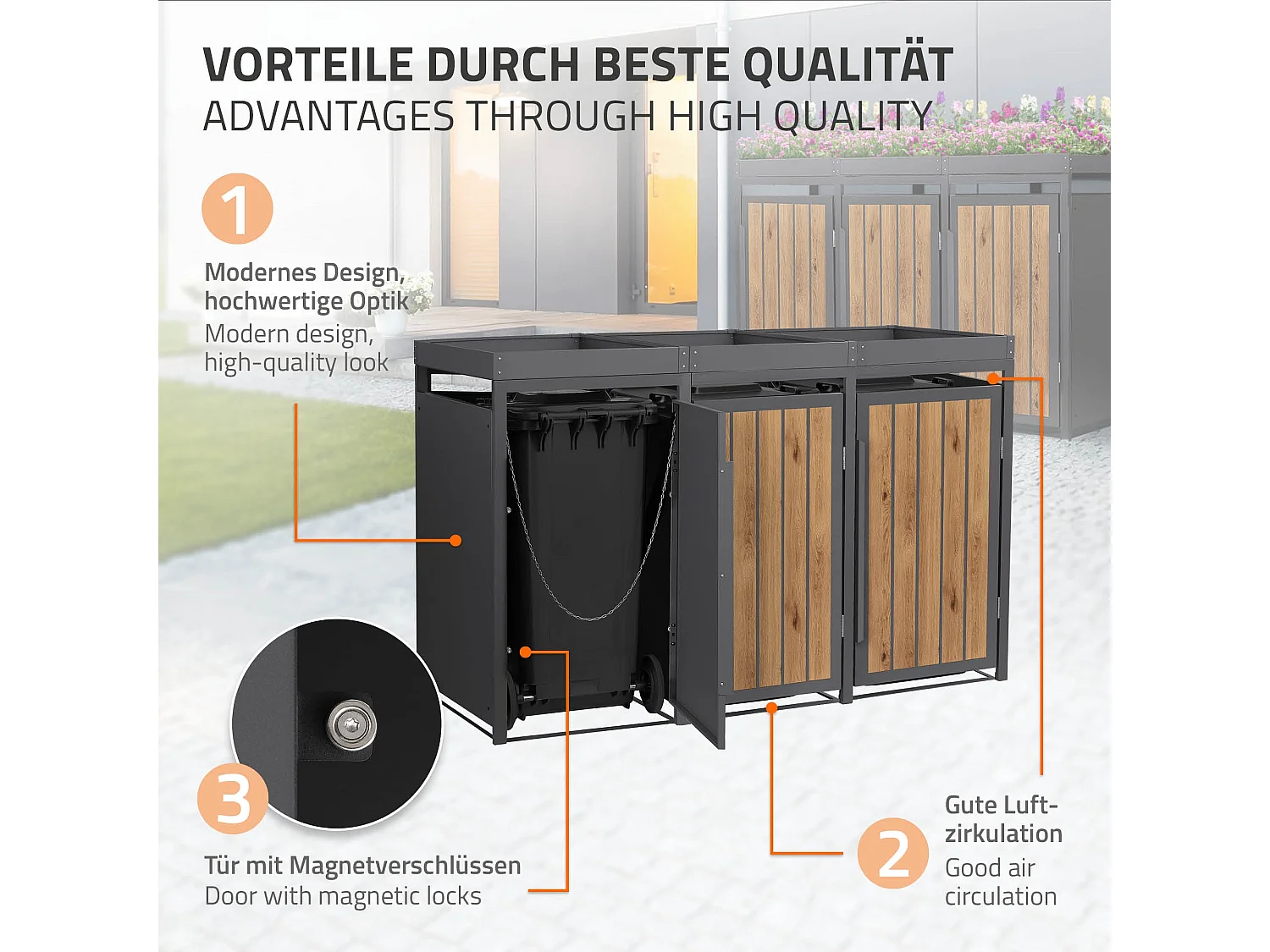 ML-Design Copribidone spazzatura 3 bidoni 240L in acciaio antracite effetto legno con porta e tetto a fioriera, pattumiera da esterno, deposito bidon