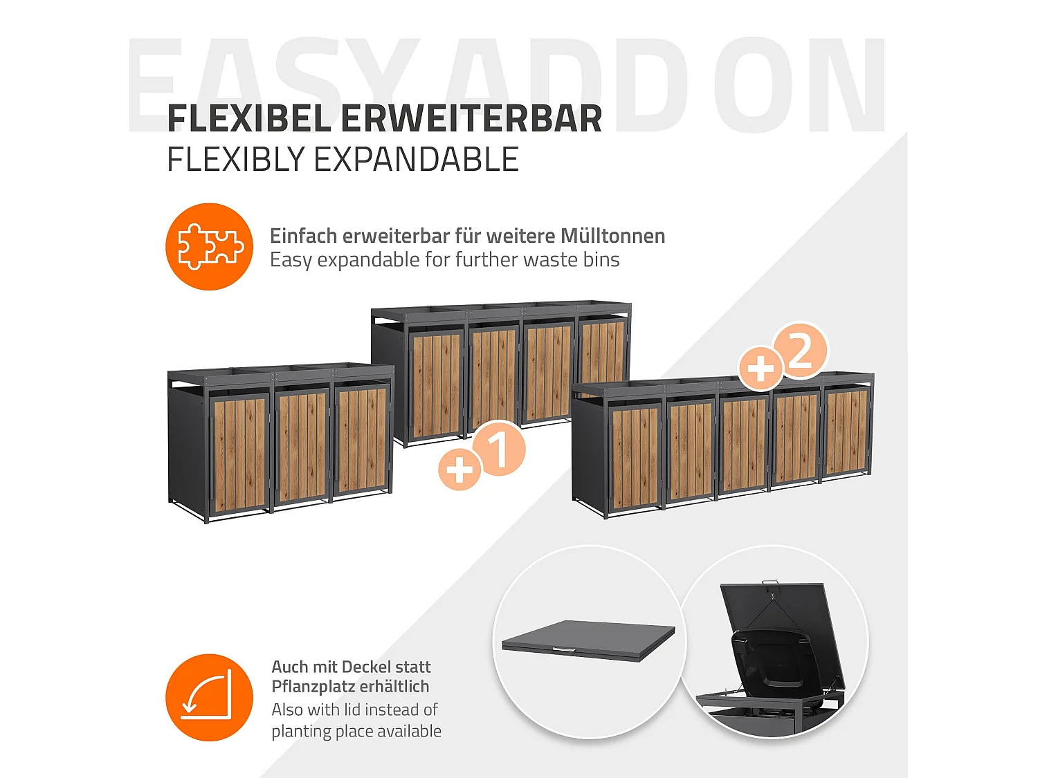 ML-Design Copribidone spazzatura 3 bidoni 240L in acciaio antracite effetto legno con porta e tetto a fioriera, pattumiera da esterno, deposito bidon