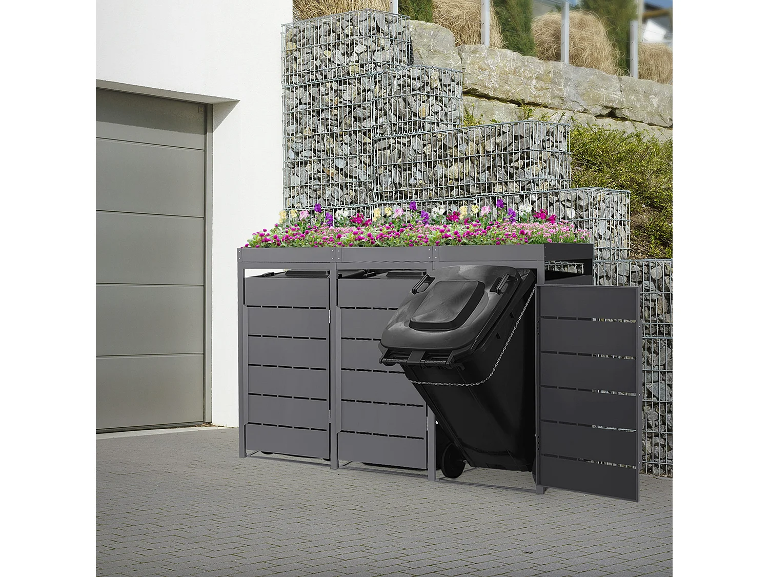 ML-Design Copribidone spazzatura per 3 bidoni 240L acciaio antracite con porta e tetto a fioriera, pattumiera da esterno resistente alle intemperie