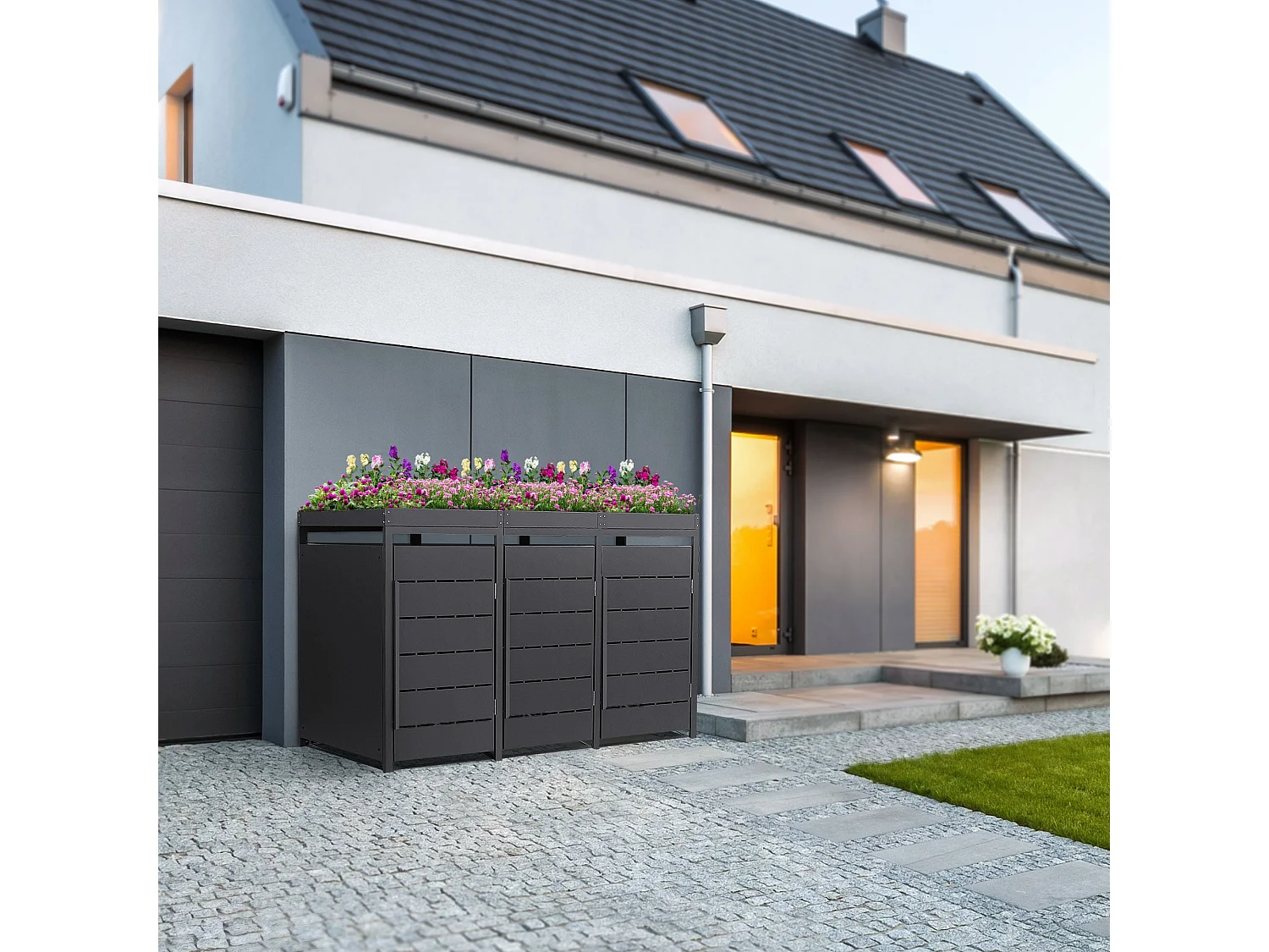 ML-Design Copribidone spazzatura per 3 bidoni 240L acciaio antracite con porta e tetto a fioriera, pattumiera da esterno resistente alle intemperie