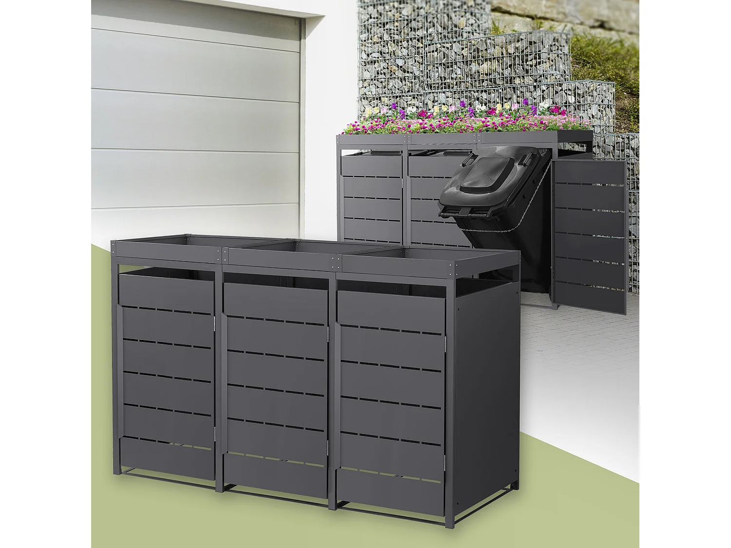 ML-Design Copribidone spazzatura per 3 bidoni 240L acciaio antracite con porta e tetto a fioriera, pattumiera da esterno resistente alle intemperie