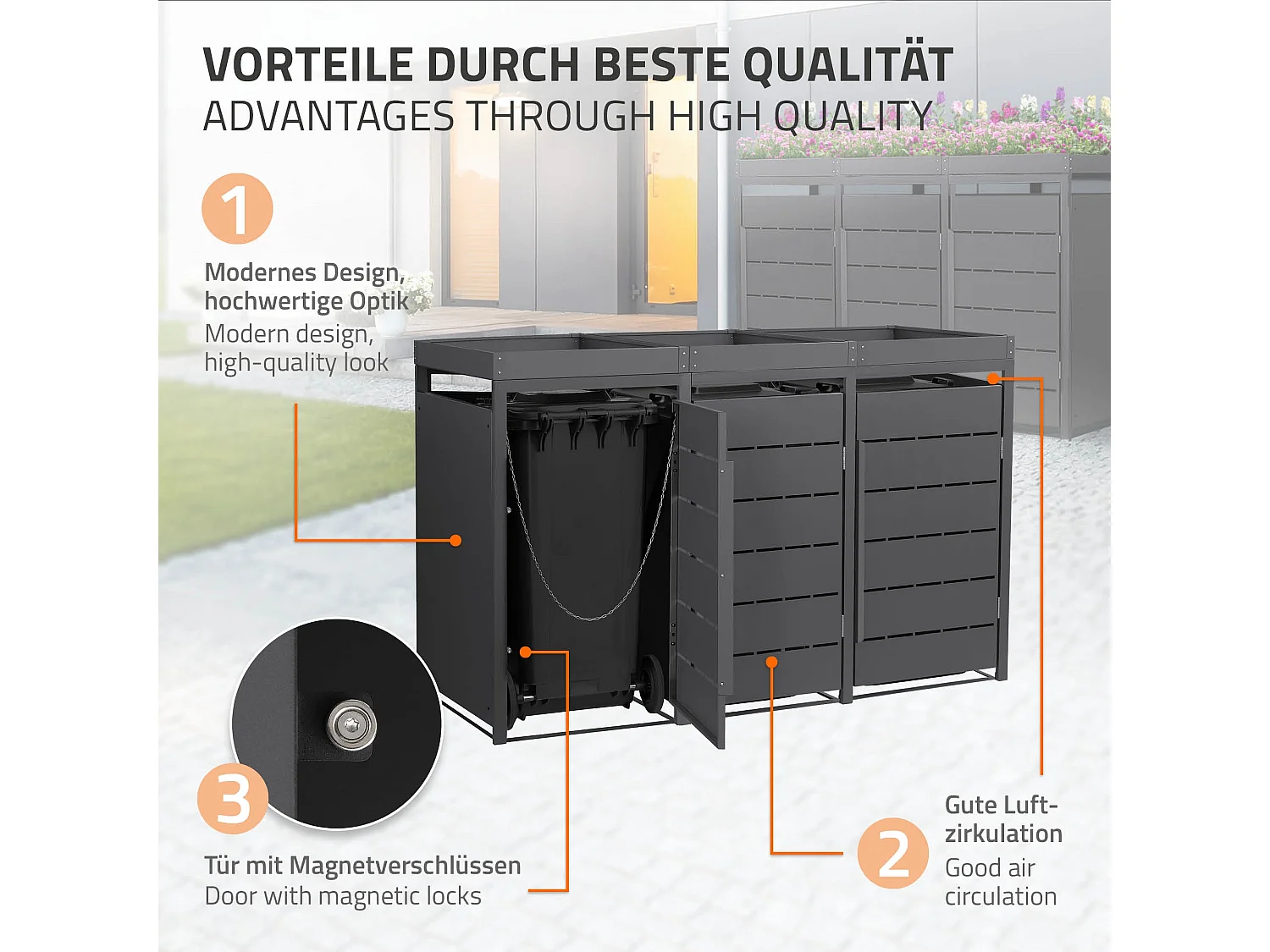 ML-Design Copribidone spazzatura per 3 bidoni 240L acciaio antracite con porta e tetto a fioriera, pattumiera da esterno resistente alle intemperie