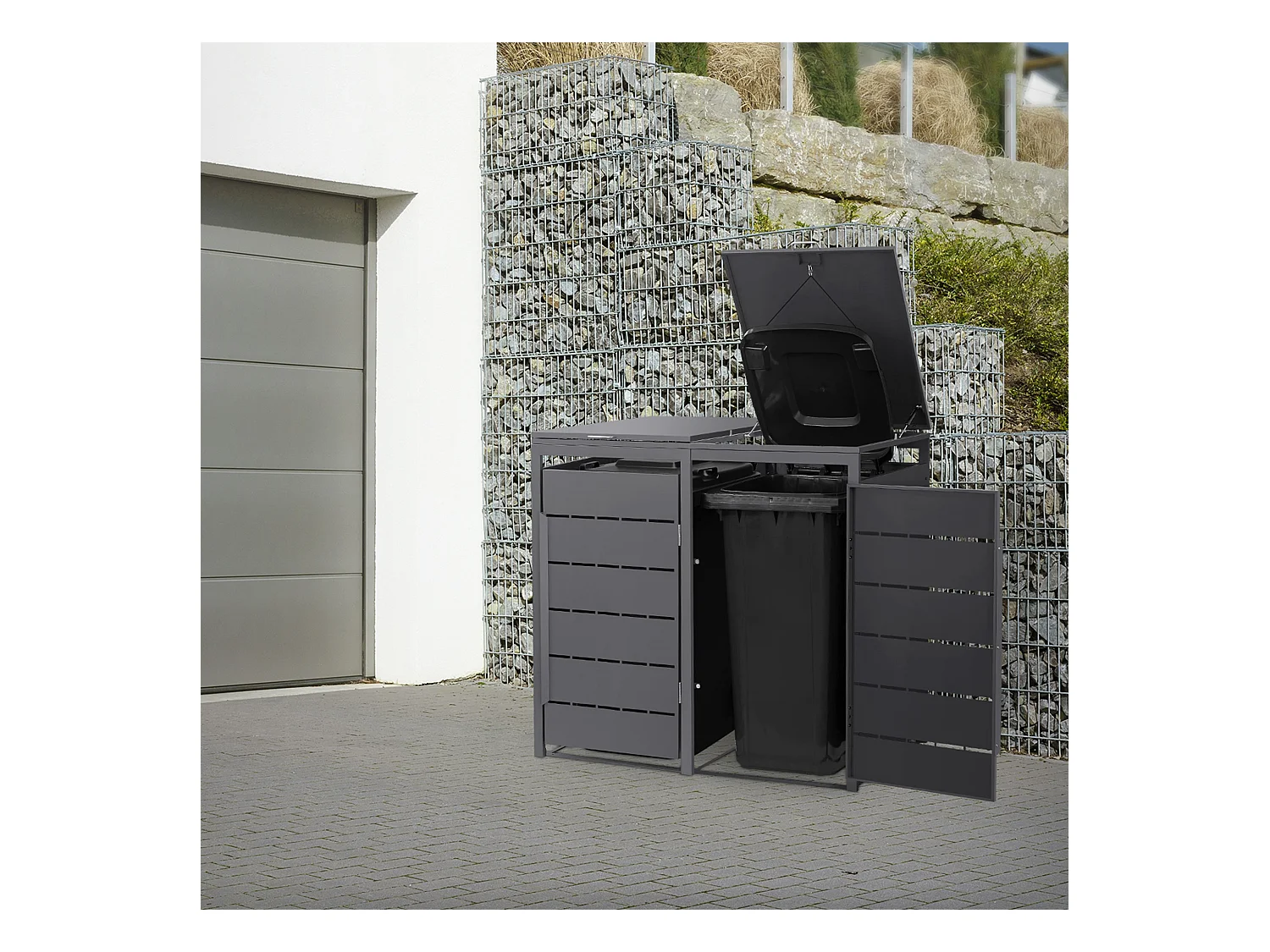 ML-Design Cobertizo para ocultar 2 cubos de basura 240L antracita 132x80x120cm, caseta de acero para exterior, contenedor resistente con tapa abatible