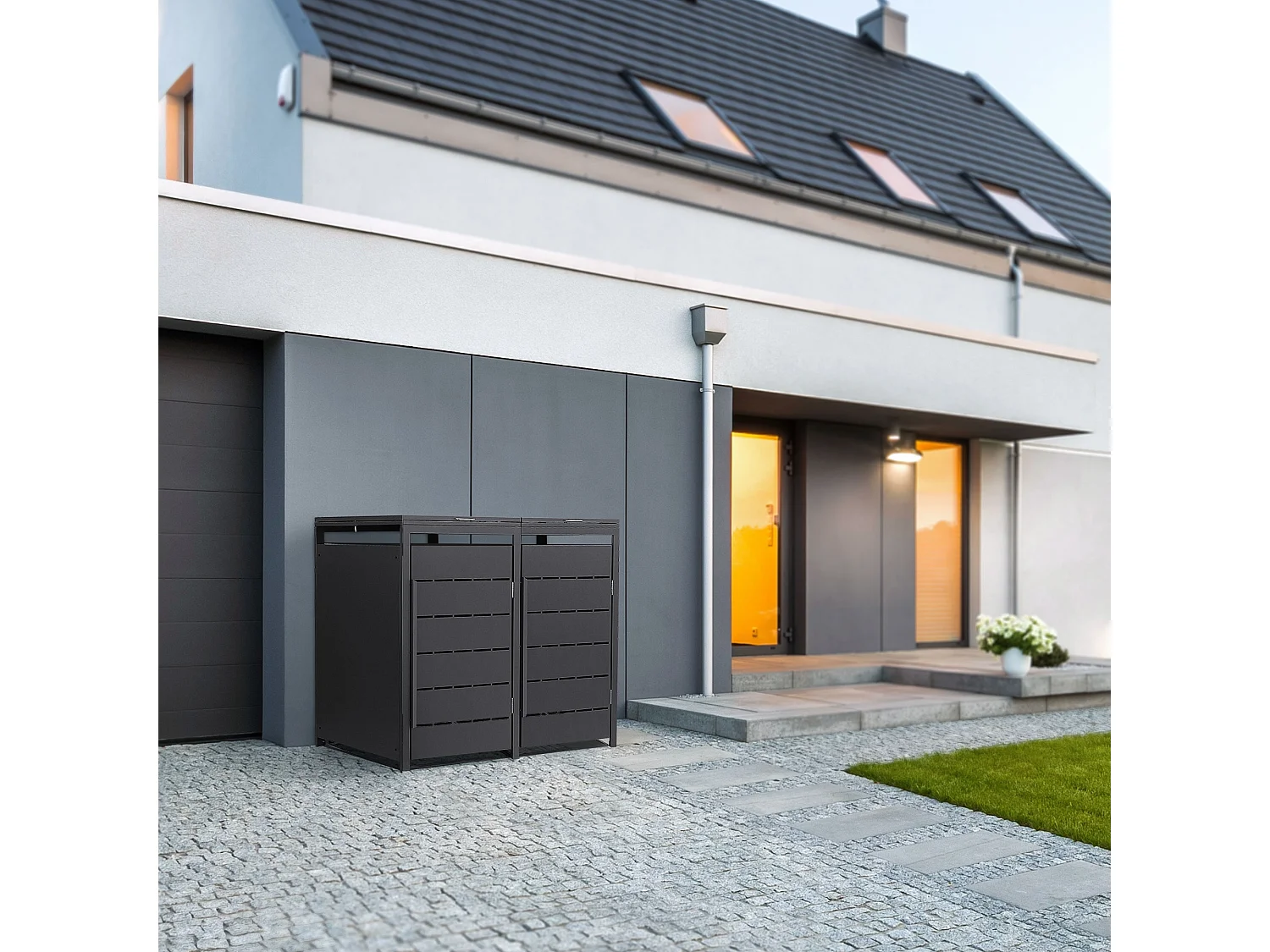 ML-Design Cobertizo para ocultar 2 cubos de basura 240L antracita 132x80x120cm, caseta de acero para exterior, contenedor resistente con tapa abatible