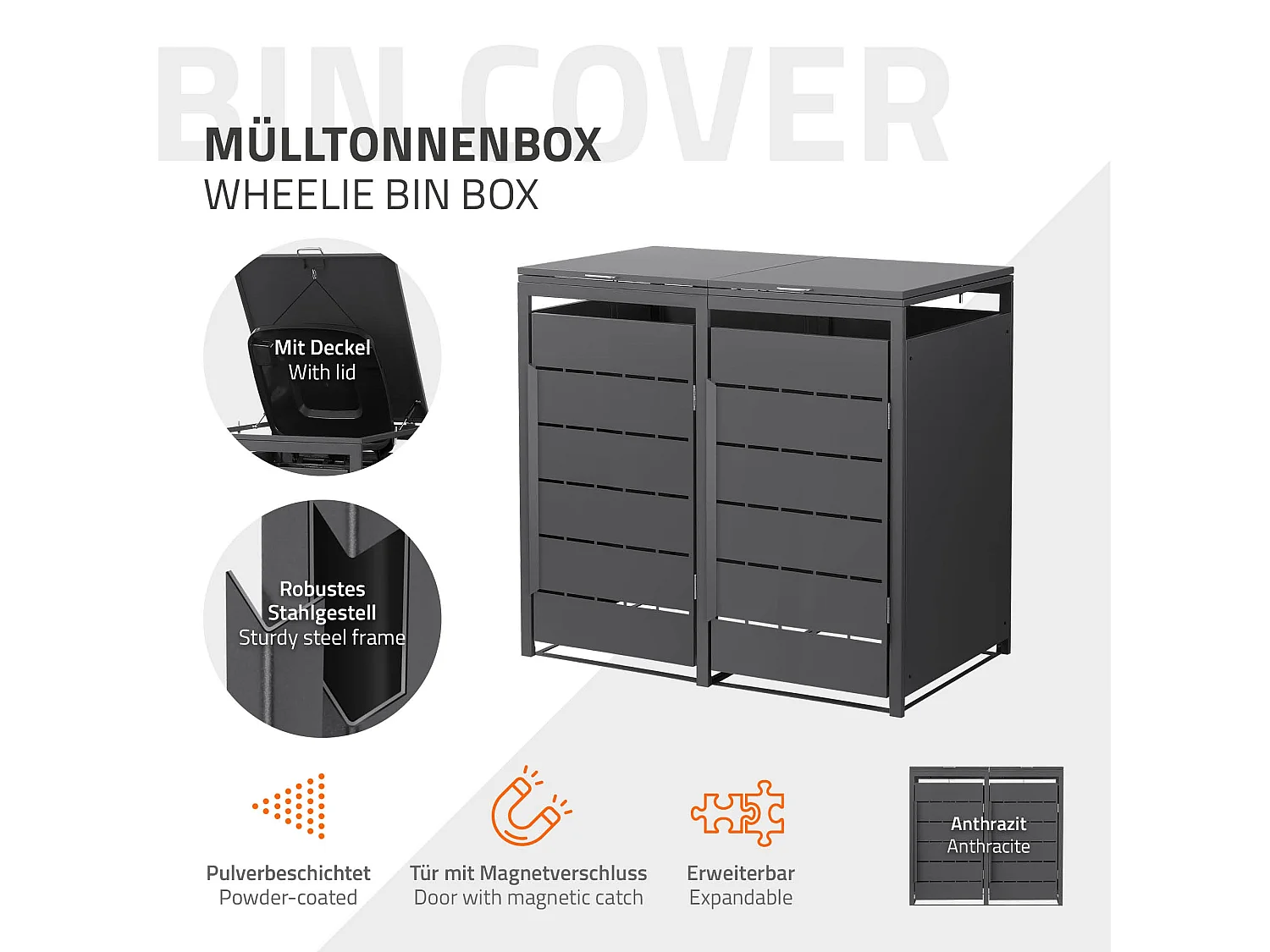 ML-Design Cobertizo para ocultar 2 cubos de basura 240L antracita 132x80x120cm, caseta de acero para exterior, contenedor resistente con tapa abatible