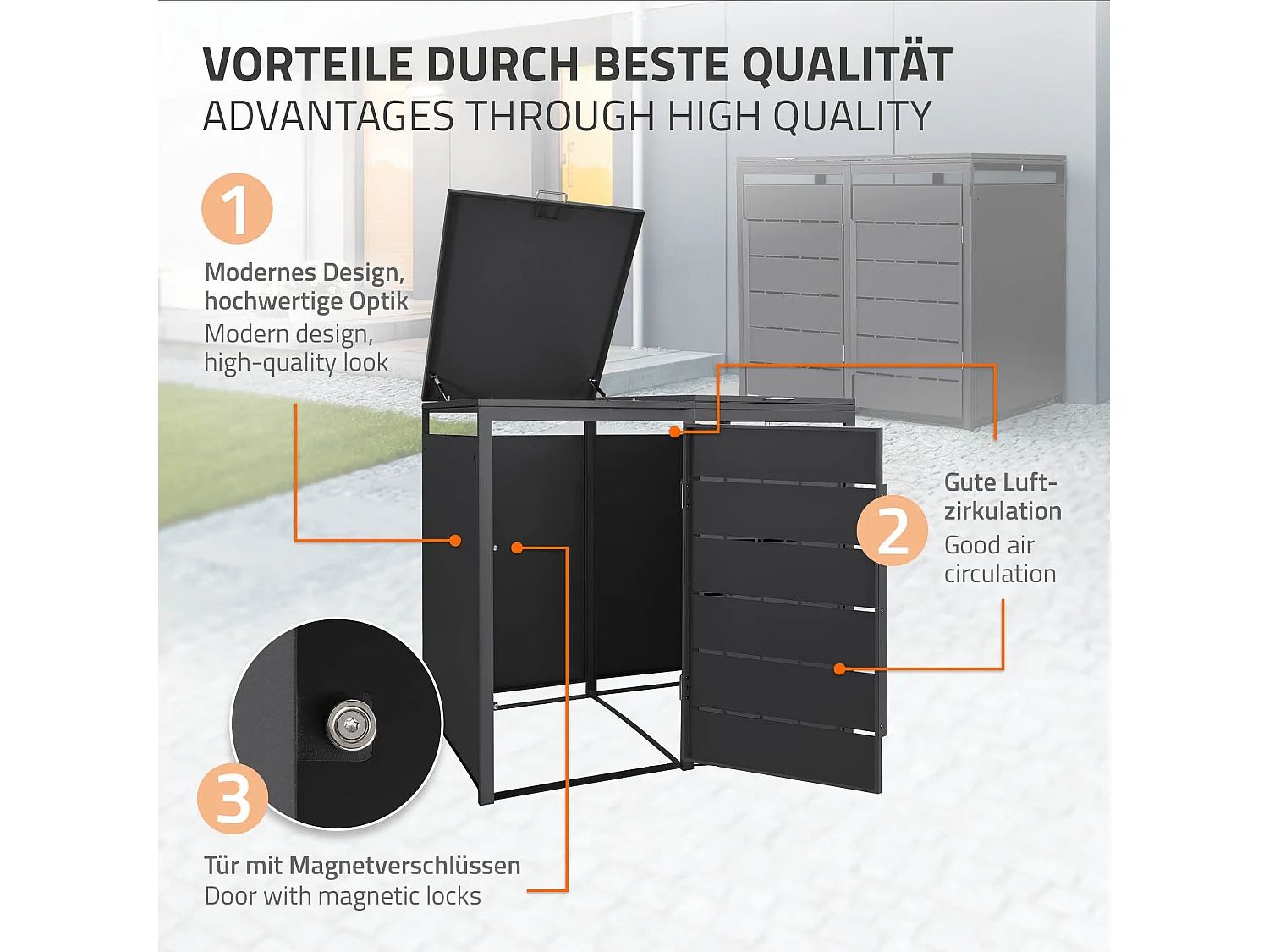 ML-Design Cobertizo para ocultar 2 cubos de basura 240L antracita 132x80x120cm, caseta de acero para exterior, contenedor resistente con tapa abatible