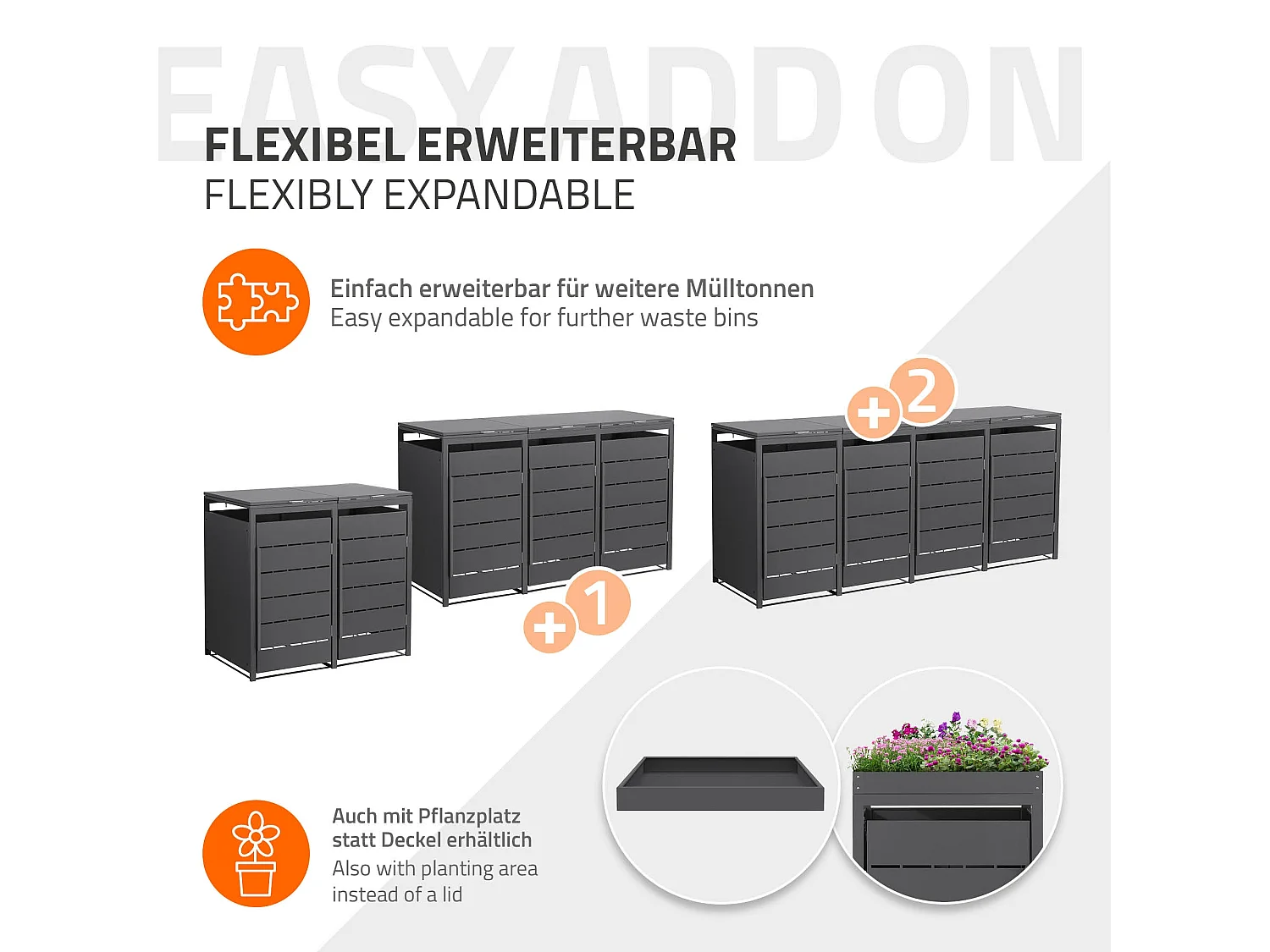 ML-Design Cobertizo para ocultar 2 cubos de basura 240L antracita 132x80x120cm, caseta de acero para exterior, contenedor resistente con tapa abatible