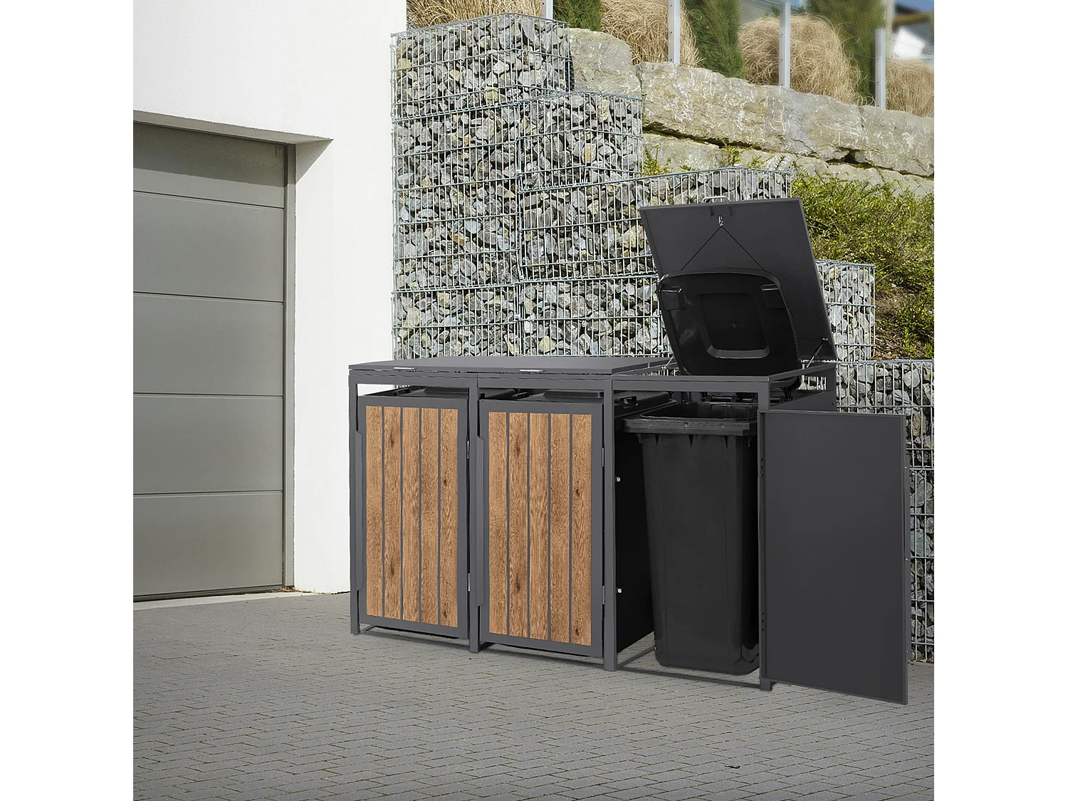 ML-Design Copribidone per spazzatura 3 bidoni 240L acciaio antracite rovere chiaro, porta e tetto a ribalta, pattumiera esterno resistente intemperie