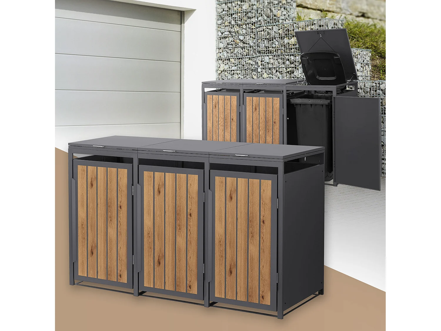 ML-Design Copribidone per spazzatura 3 bidoni 240L acciaio antracite rovere chiaro, porta e tetto a ribalta, pattumiera esterno resistente intemperie