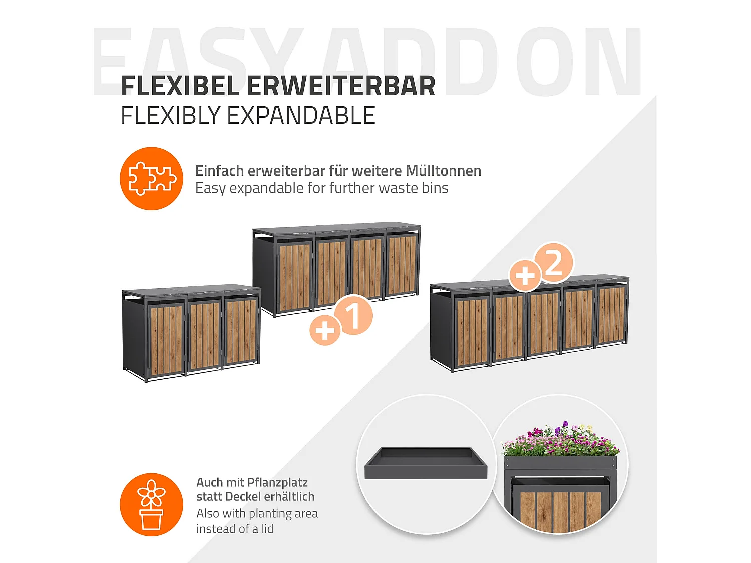 ML-Design Copribidone per spazzatura 3 bidoni 240L acciaio antracite rovere chiaro, porta e tetto a ribalta, pattumiera esterno resistente intemperie