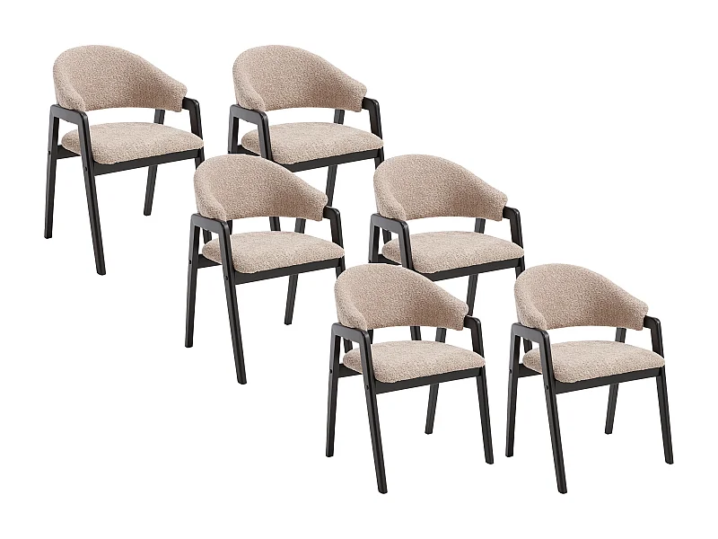 Conjunto de 6 cadeiras com apoios de braços em tecido bouclé e madeira de hévea - Taupe e preto - SOLUNA